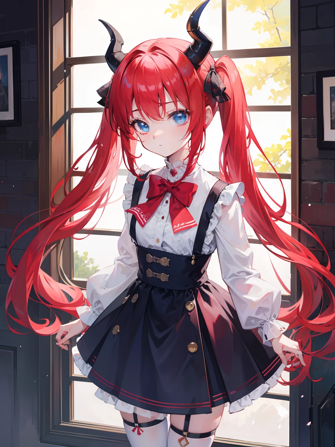 {{best quality}}, {{masterpiece}}, {{ultra-detailed}}, {illustration}, {detailed light}, red hair,blue eyes,twintails,lolita,Suspenders skirt,Fantastic,loli,solo,Dragon horns,little girl,long hair