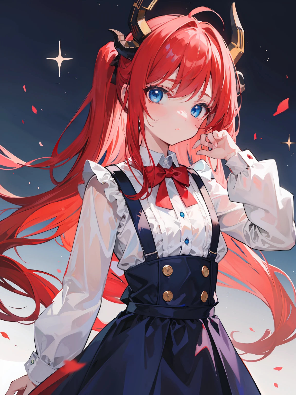 {{best quality}}, {{masterpiece}}, {{ultra-detailed}}, {illustration}, {detailed light}, red hair,blue eyes,twintails,lolita,Suspenders skirt,Fantastic,loli,solo,Dragon horns,little girl,long hair