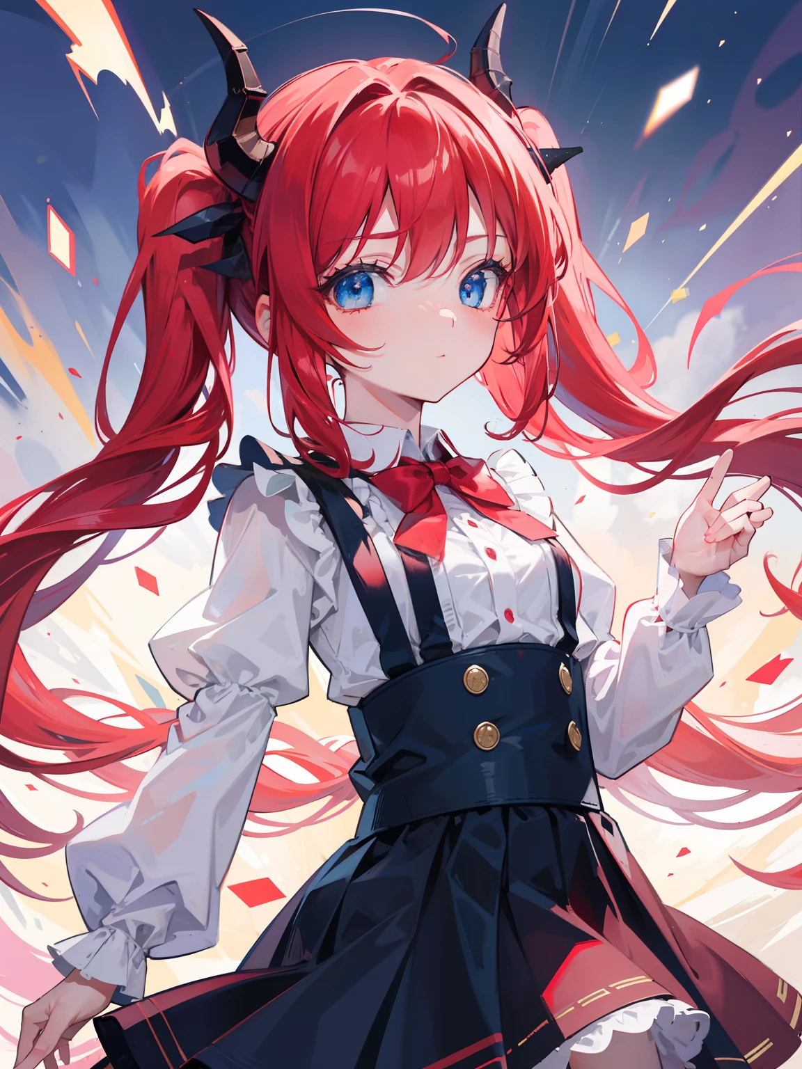 {{best quality}}, {{masterpiece}}, {{ultra-detailed}}, {illustration}, {detailed light}, red hair,blue eyes,twintails,lolita,Suspenders skirt,Fantastic,loli,solo,Dragon horns,little girl,long hair