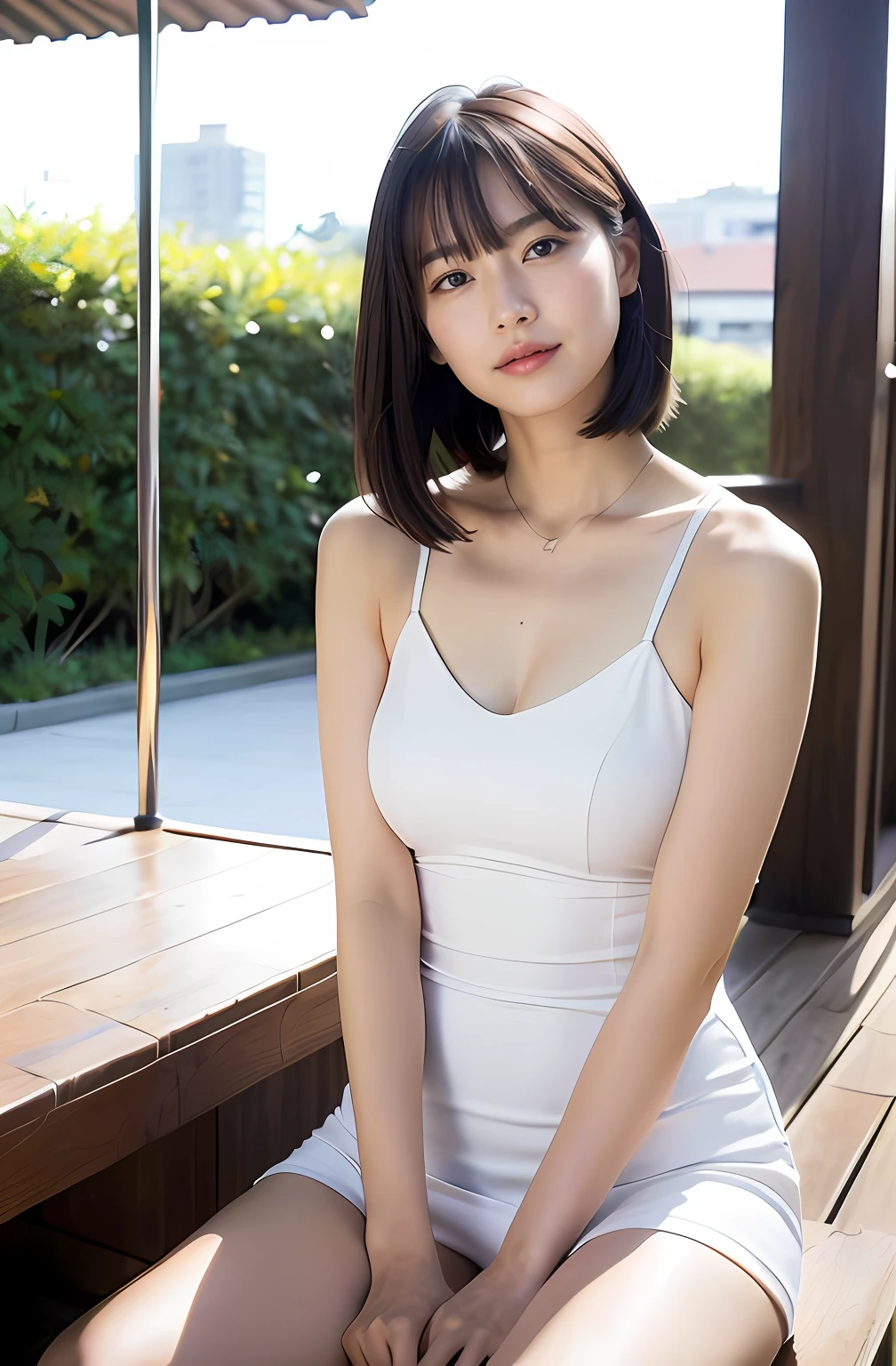 ((8K:1.27)、top-quality、masterpiece、超A high resolution:1.2)Photo Beautiful Japan woman(pleasing:1.1) Elegance、There is a good、Gradient lighting、1girl in、Delicate skin、Look here、Brown-eyed、(short hair with bangs:1.2)、(breasts are large:1.0)、(medium areola:0.8)、(realisitic:1.4)、(top-quality:1.0)、(超A high resolution:1.0)、8K、Raw photography、(masterpiece:0.2)、(pureerosface_v1:0.5)、solid color、Tube Dress Mini Length One Piece、tube dress、white clothes、Bare、no-bra、skirt by the、Sleeveless、a necklace、tube-top dress、Kamimei、date、excited expressions、Red cheeks、want me、Staring at this、subject、Lean、Look here、Ginza Marunouchi、Street Trees、Stylish cityscape、chee、Laugh、Futomo、sandal、Beautiful thighs、Kinda chubby、Beautiful thighs、barechested、Open both legs、pantiy、Opening legs、Coffee、bending forward、very big boobs、I can see the white panties、Opening legs、Clean hands、