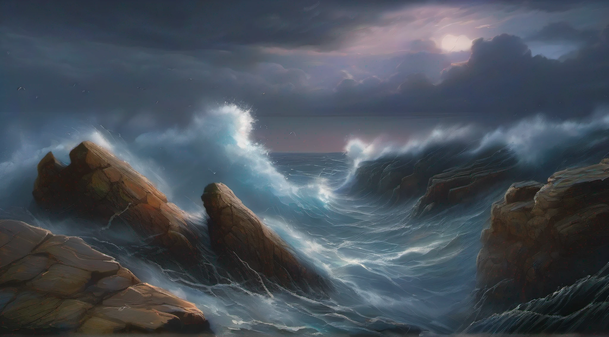 The waves crashing against the rocks facing the sea break and scatter like wings.、The area is dark with rain clouds, and the sky looks like clouds are wavy.、Suddenly, I thought I saw lightning, and the hail started hitting the rocks.、Masterpiece、realisitic