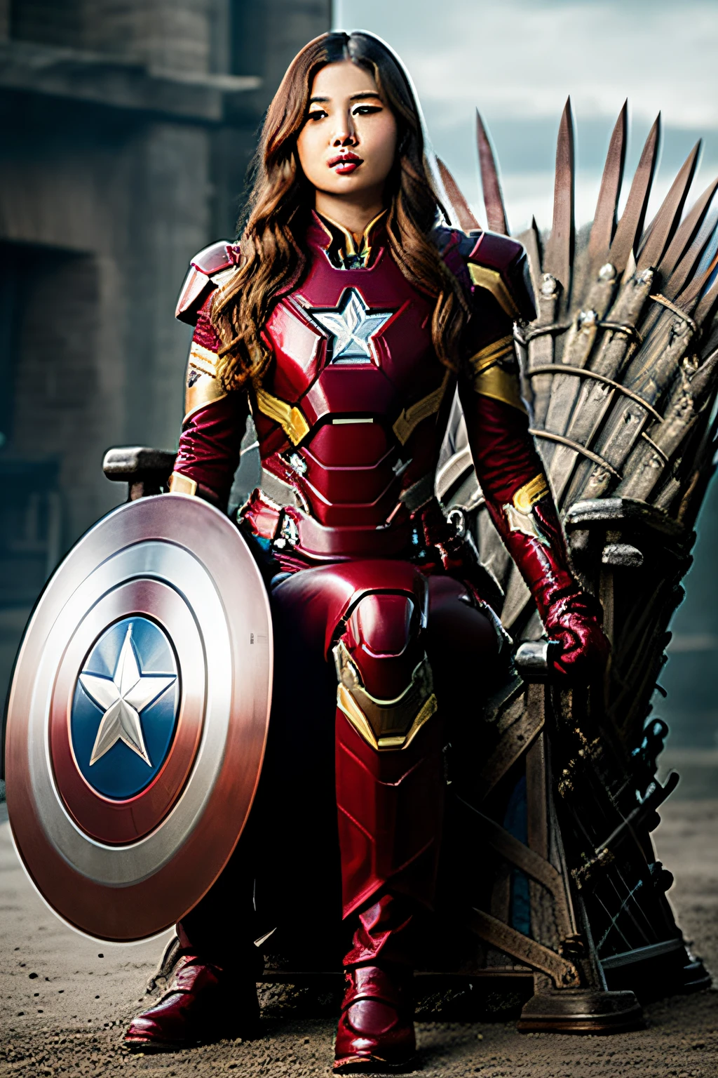 supperrealistic photo of Bae Suzy in iron man's suit, weilding captain america's shield, sitting on the iron throne from game of thrones series