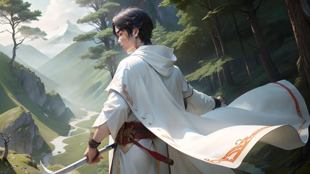 A fourteen and fifteen-year-old Chinese Taoist priest,White robes,Hold the long sword,juvenile sense,with fair skin,In the mountains and forests
