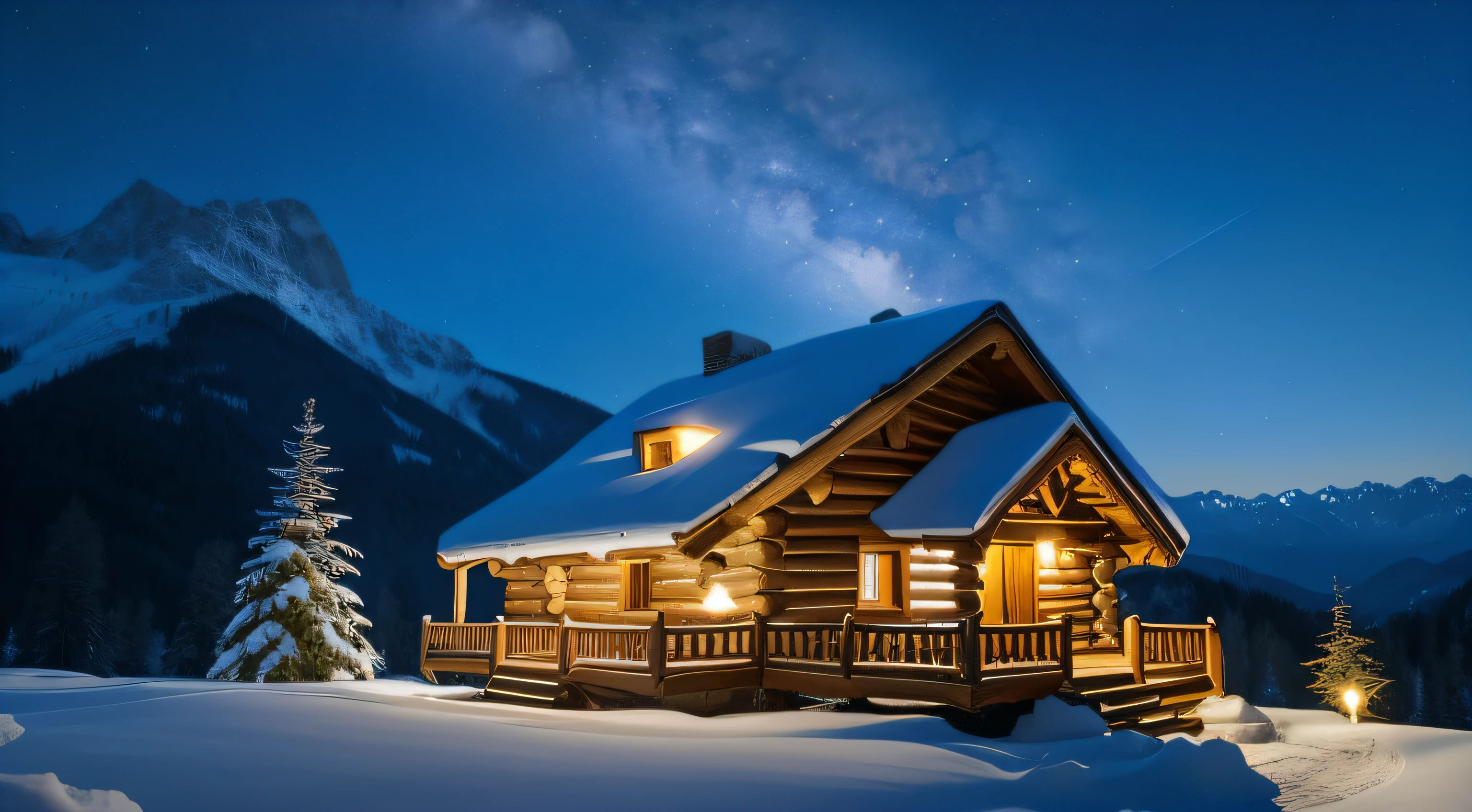 Starry sky in the mountains,Hut small diameter,Wooden house under the Alps,Peaceful log mansion,moonlit starry sky environment,High quality wallpaper,Epic amazing,Beautiful images,Starry Sky 8K,luxurious wooden cottage,Amazing,Beautiful wallpaper,!!Beautiful!!
