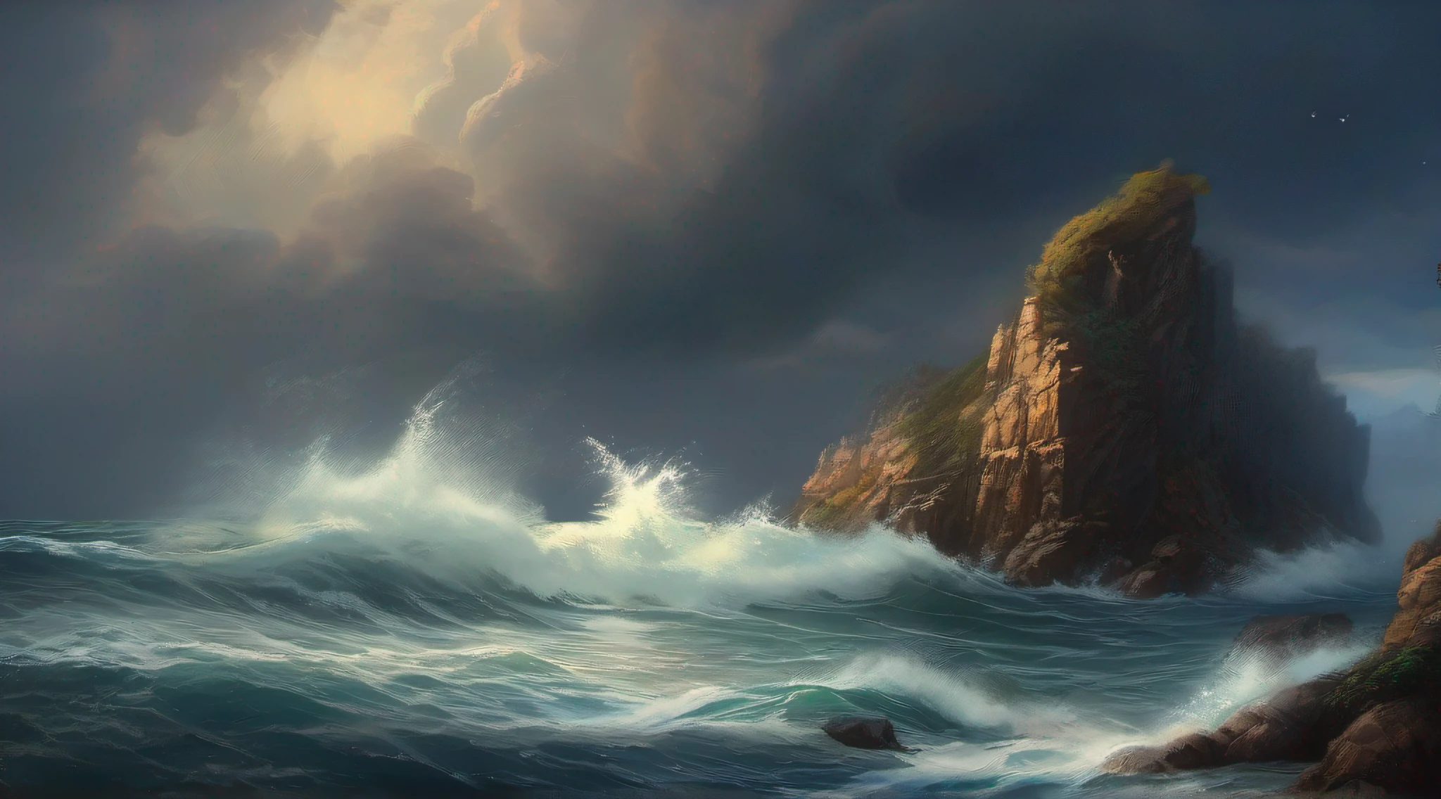 The waves crashing against the rocks facing the sea break and scatter like wings.、The area is dark with rain clouds, and the sky looks like clouds are wavy.、Suddenly, I thought I saw lightning, and the hail started hitting the rocks.、Masterpiece、realisitic