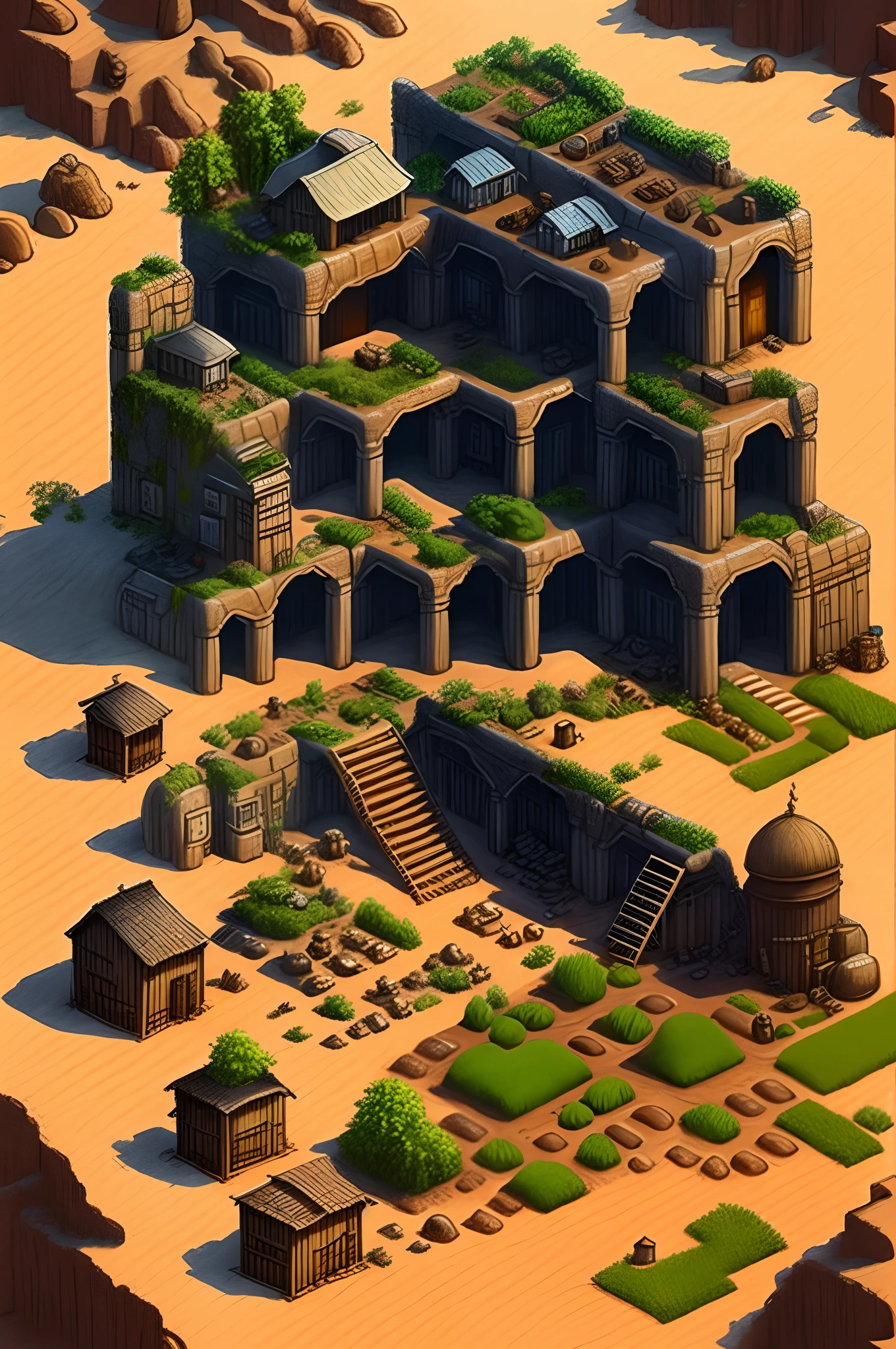(Barracks: 1.5), (Many people: 1.5), agriculture, (Ancient: 1.5), Long hair, Accessories of agriculture, Clothes, sand, dusty, yellow, earth, wood obstacles, comics, ray tracing, detail, 4K, HD, high quality