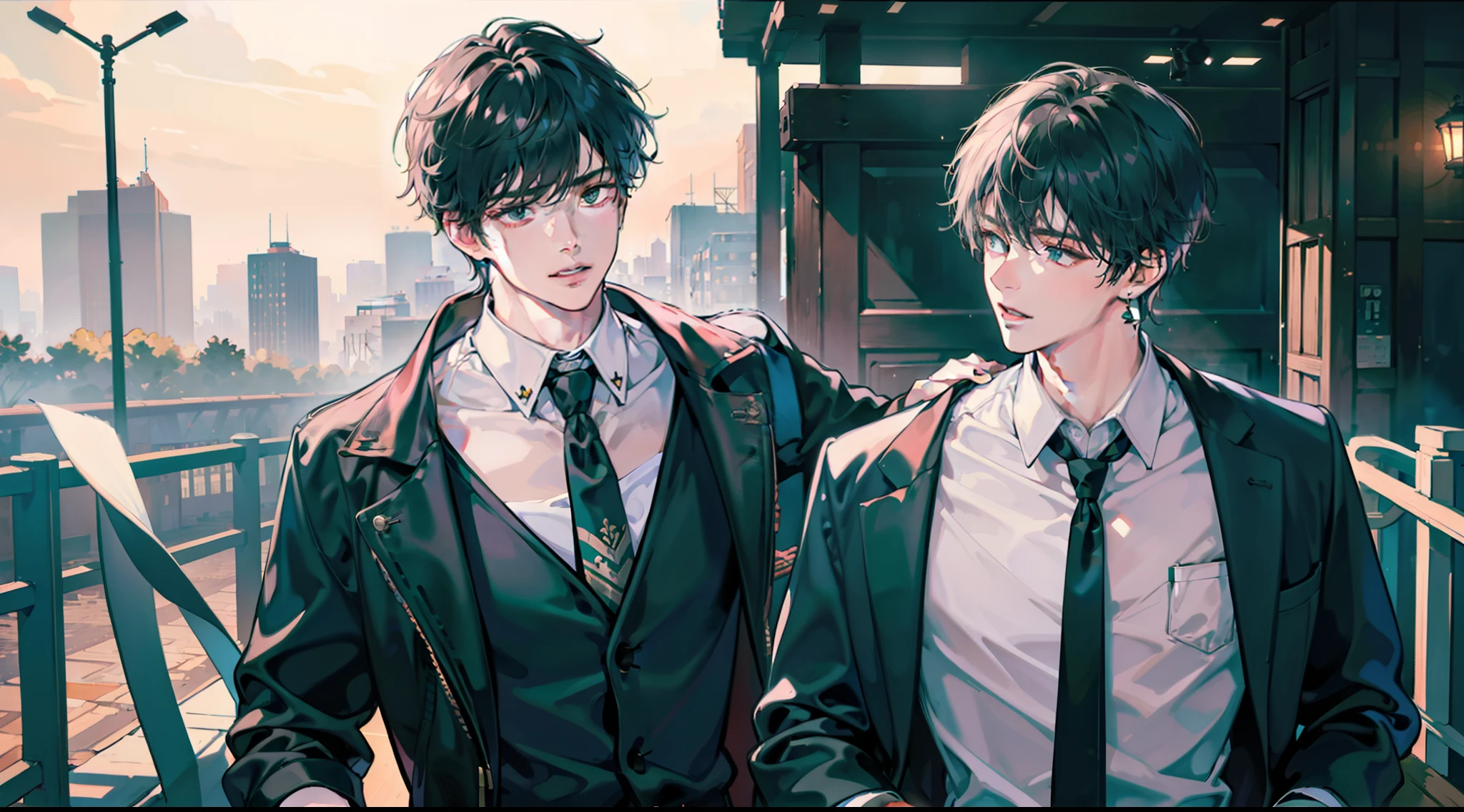 (2boys:1.1), recess, collarbone, open clothes, wristband, short hair, (looking at another:1.1), earrings, necktie, ;d, anger vein, heavy breathing, siblings, bl, Green, Crush, playground, Abs, The kinky is exposed, Engage in base, Uncle and ager, the night, On the street, neonlight, Fujifilm, 135mm, f/2.8, lens flare, depth of field, cinematic lighting, backlighting, Fujicolor, ray tracing, 135mm, Fujifilm, SENSE OF CINEMA, UHD, retina, masterpiece, textured skin, anatomically correct, super detail, 8k
