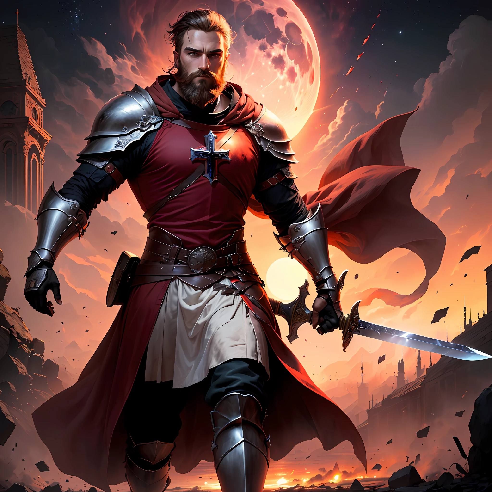A strong Knight Templar, Bearded holding a long European sword and a chaotic backdrop with the red sky and the moon red as blood