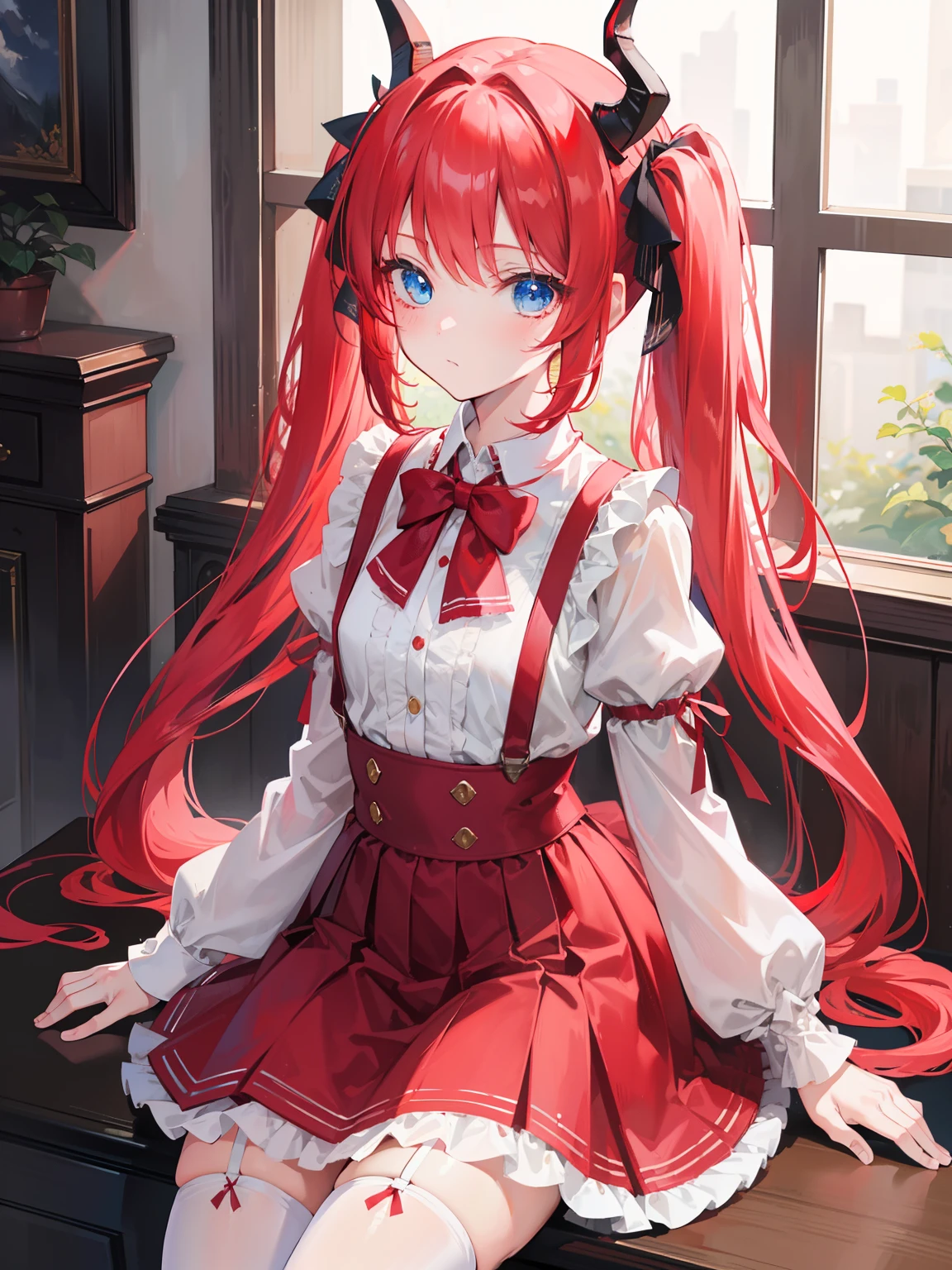{{best quality}}, {{masterpiece}}, {{ultra-detailed}}, {illustration}, {detailed light}, red hair,blue eyes,twintails,lolita,Suspenders skirt,Fantastic,loli,solo,Dragon horns,little girl,long hair