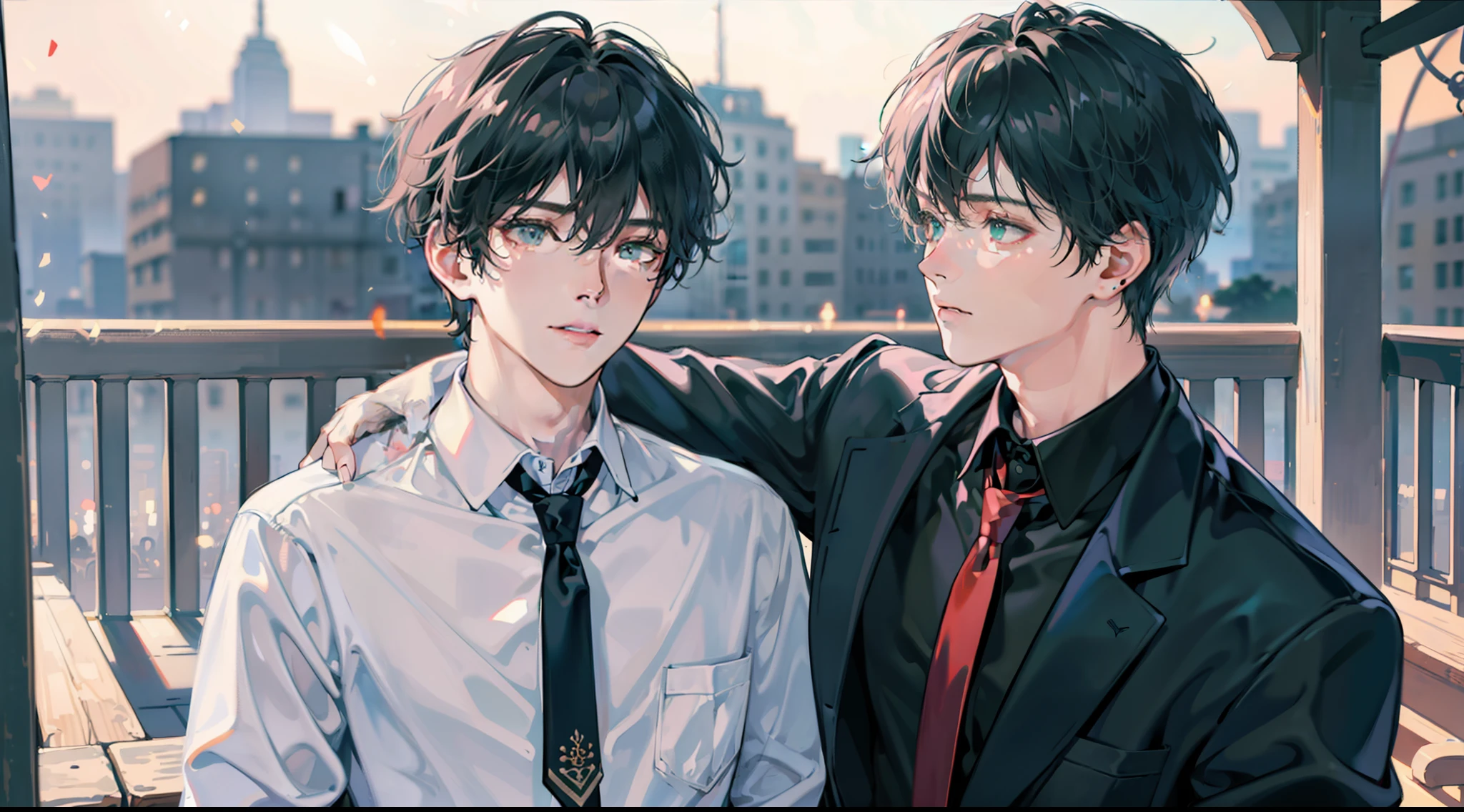 (2boys:1.1), recess, collarbone, open clothes, wristband, short hair, (looking at another:1.1), earrings, necktie, ;d, anger vein, heavy breathing, siblings, bl, Green, Crush, playground, Abs, The kinky is exposed, Engage in base, Uncle and ager, the night, On the street, neonlight, Fujifilm, 135mm, f/2.8, lens flare, depth of field, cinematic lighting, backlighting, Fujicolor, ray tracing, 135mm, Fujifilm, SENSE OF CINEMA, UHD, retina, masterpiece, textured skin, anatomically correct, super detail, 8k