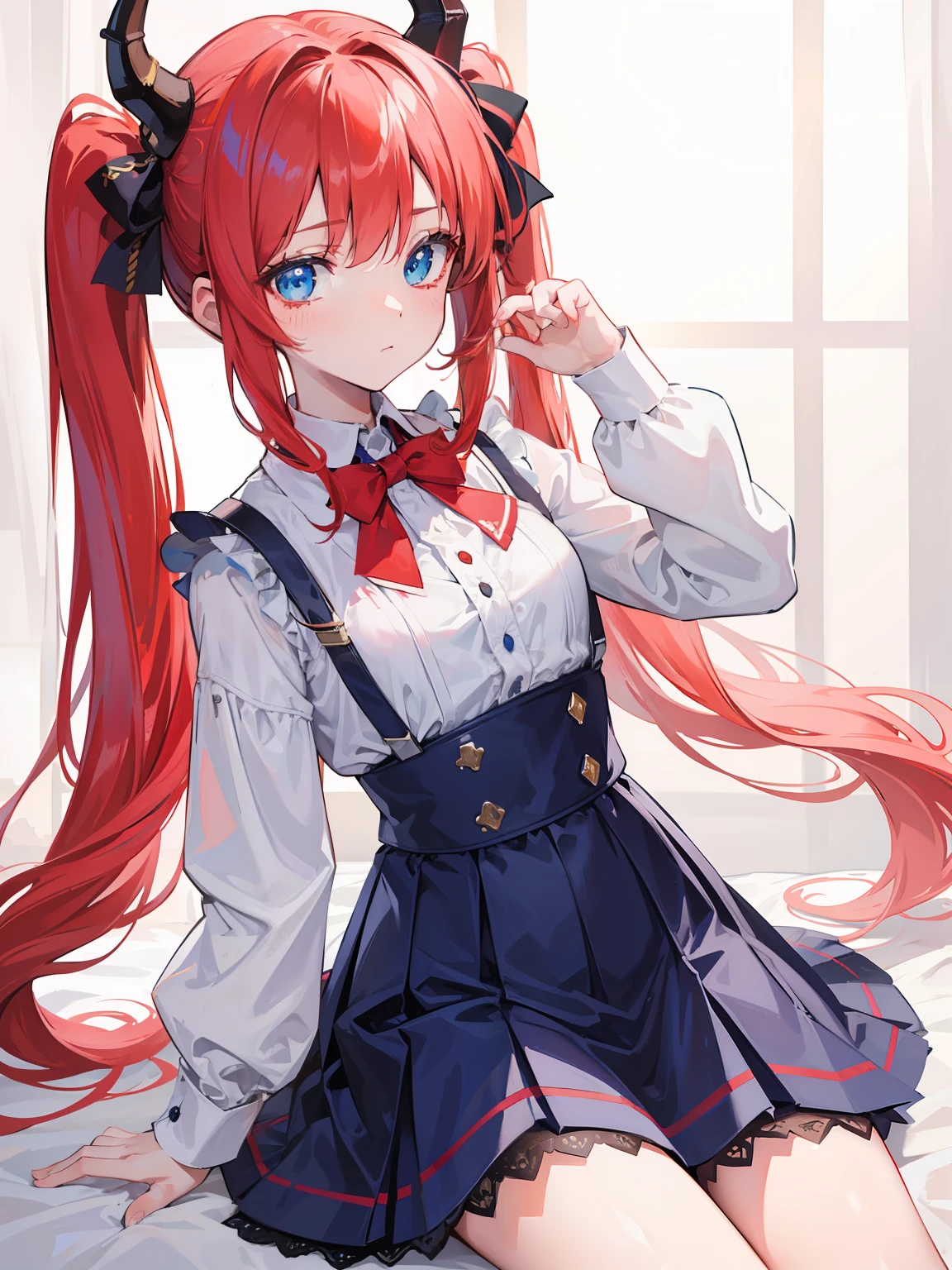 {{best quality}}, {{masterpiece}}, {{ultra-detailed}}, {illustration}, {detailed light}, red hair,blue eyes,twintails,lolita,Suspenders skirt,Fantastic,loli,solo,Dragon horns,little girl,long hair