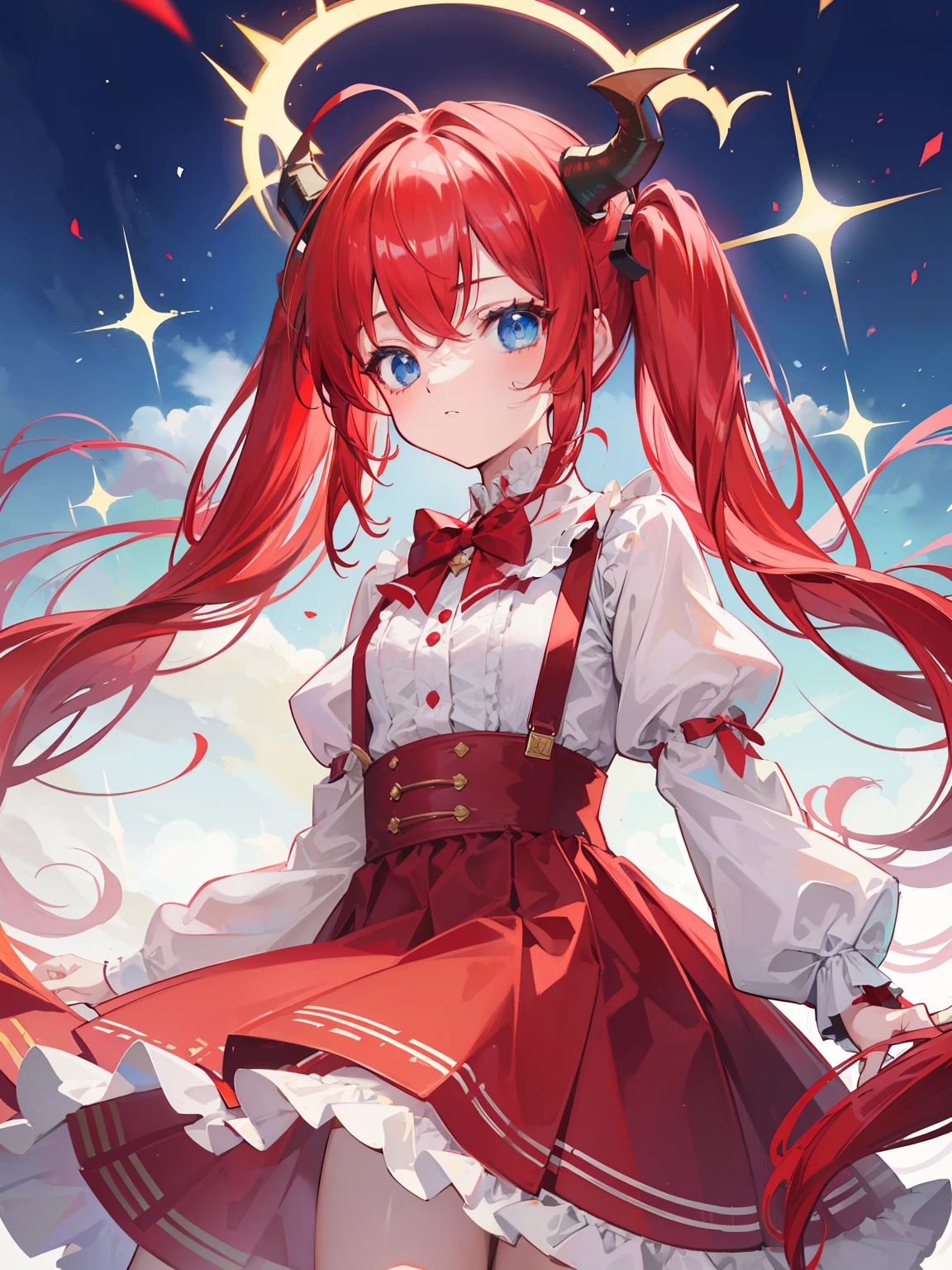 {{best quality}}, {{masterpiece}}, {{ultra-detailed}}, {illustration}, {detailed light}, red hair,blue eyes,twintails,lolita,Suspenders skirt,Fantastic,loli,solo,Dragon horns,little girl,long hair