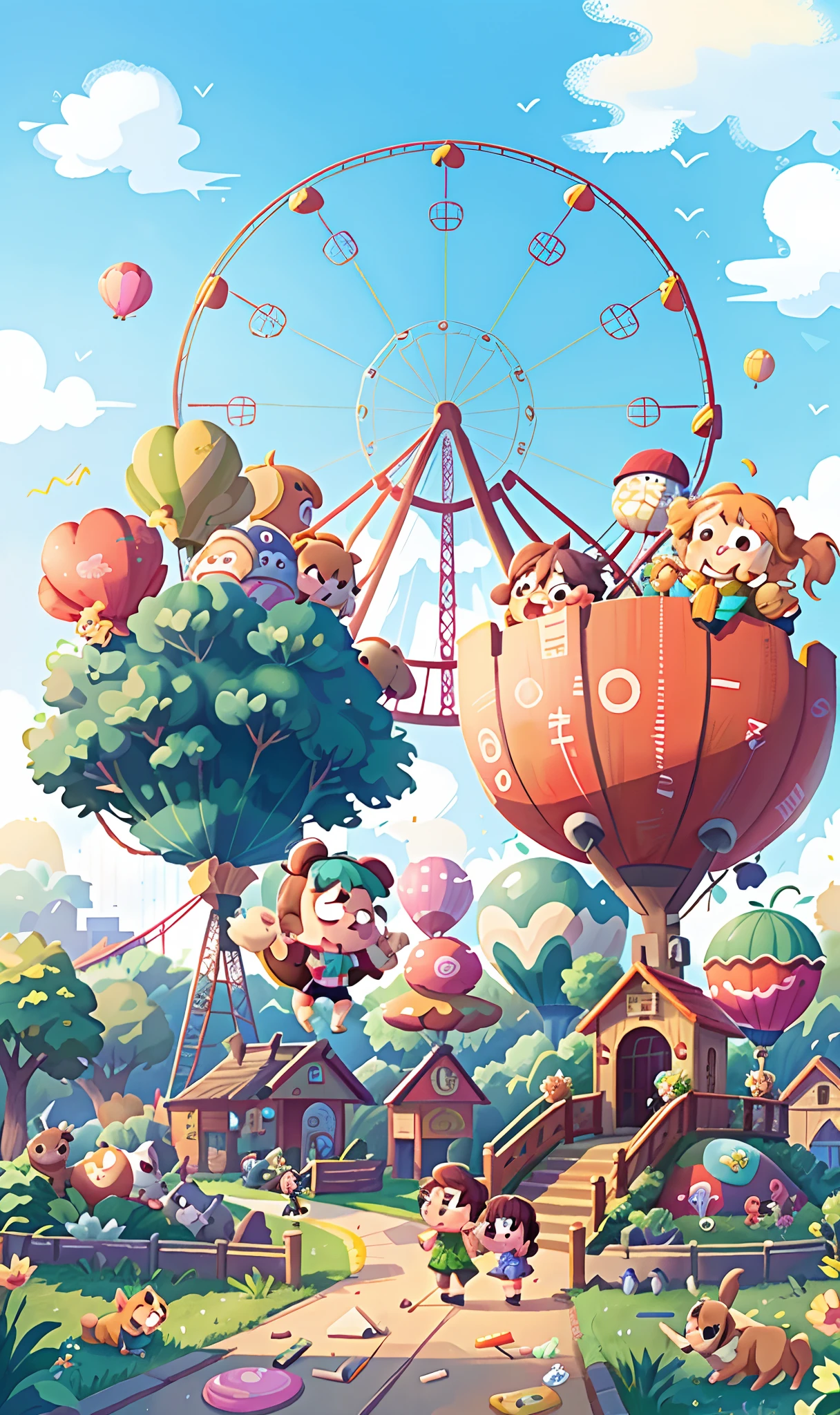 bts, chibi, a park, a lot of ballon, roller coaster, seven dogs, green grass, a chair