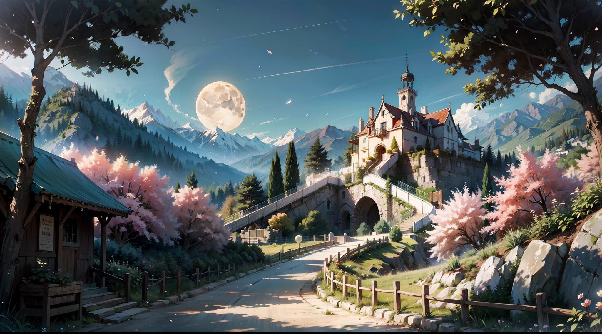 （best qualityer），（tmasterpiece），（ultra - detailed），（high detal），（extremely detaile），The peach forest is full of flowers，A rustic and understated forest village hideaway and amusement park，mistic，Hidden deep in the peach forest，Hidden in the mountains，Hide the magic of the peach tree，Hide the magic of the moon