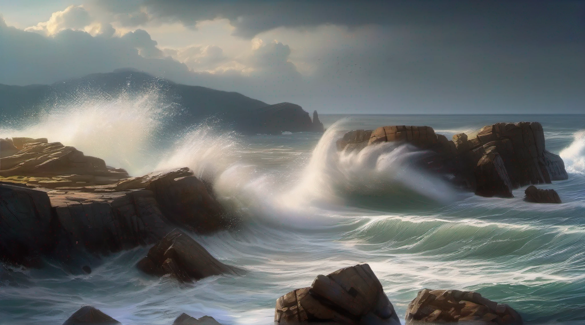 Facing the sea((The waves crashing against the rocks break and scatter like wings.):1.5)seem、The area was darkened by rain clouds.((Clouds are wavy in the sky):1.5)seem、If you suddenly think you see lightning((Hail began to pound against the rocks):1.5)、Masterpiece、realisitic