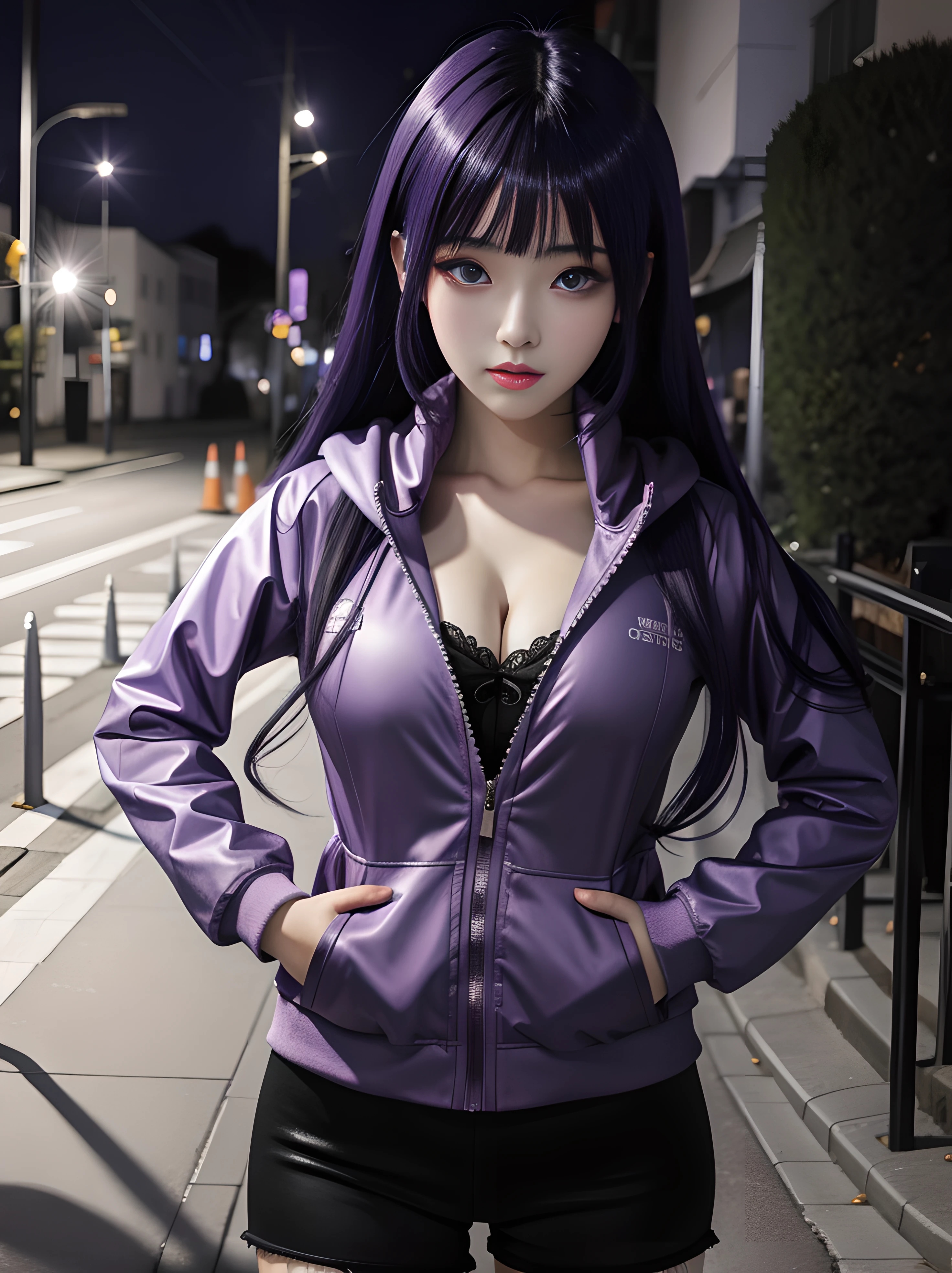 anime girl in purple jacket posing on sidewalk in urban setting, hinata hyuga, hinata hyuga from naruto, seductive anime girl, black haired girl wearing hoodie, realistic anime artstyle, attractive anime girl, realistic anime 3 d style,(((byakugan eyes))),realistic anime art style,((big tits)) anime woman, female anime character, digital anime art, beautiful anime woman, digital anime illustration