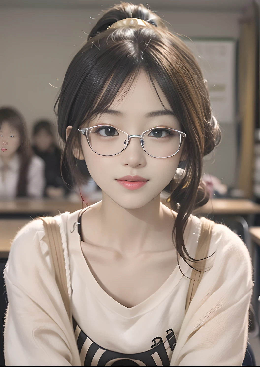 Female classmates，Single Eyelids，14岁，Height 167cm，short detailed hair，Low ponytail，Gold wire rimmed glasses，White skin，white short sleeve，virtuous