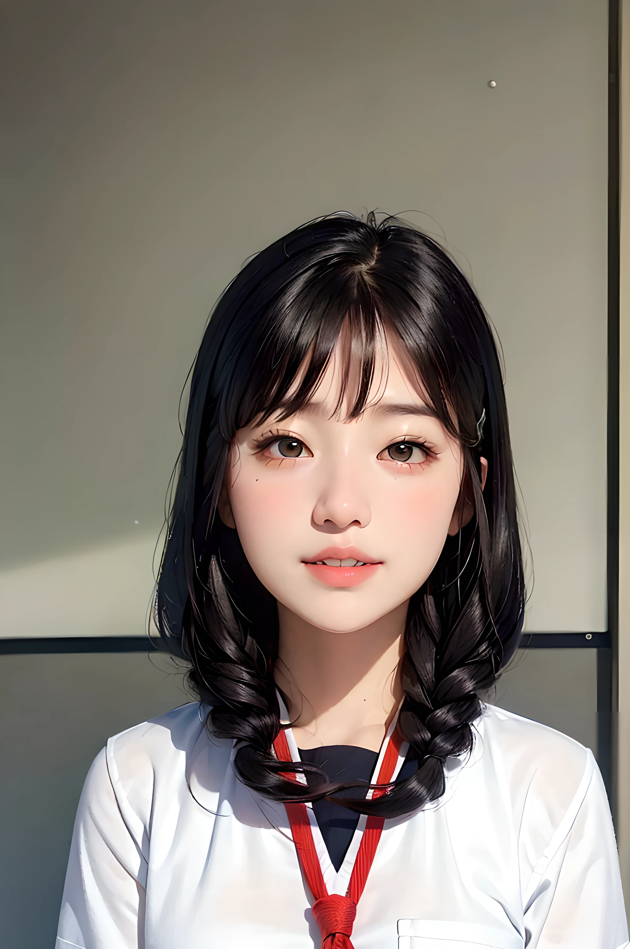 masterpiece, best quality, photorealistic, 1girl, arctic hair, arctic eyes, smile, teeth, flat bangs, stunning innocent symmetry face, school uniform, black eyes, emotional, ulzzang, (PureErosFace_V1:0.7)