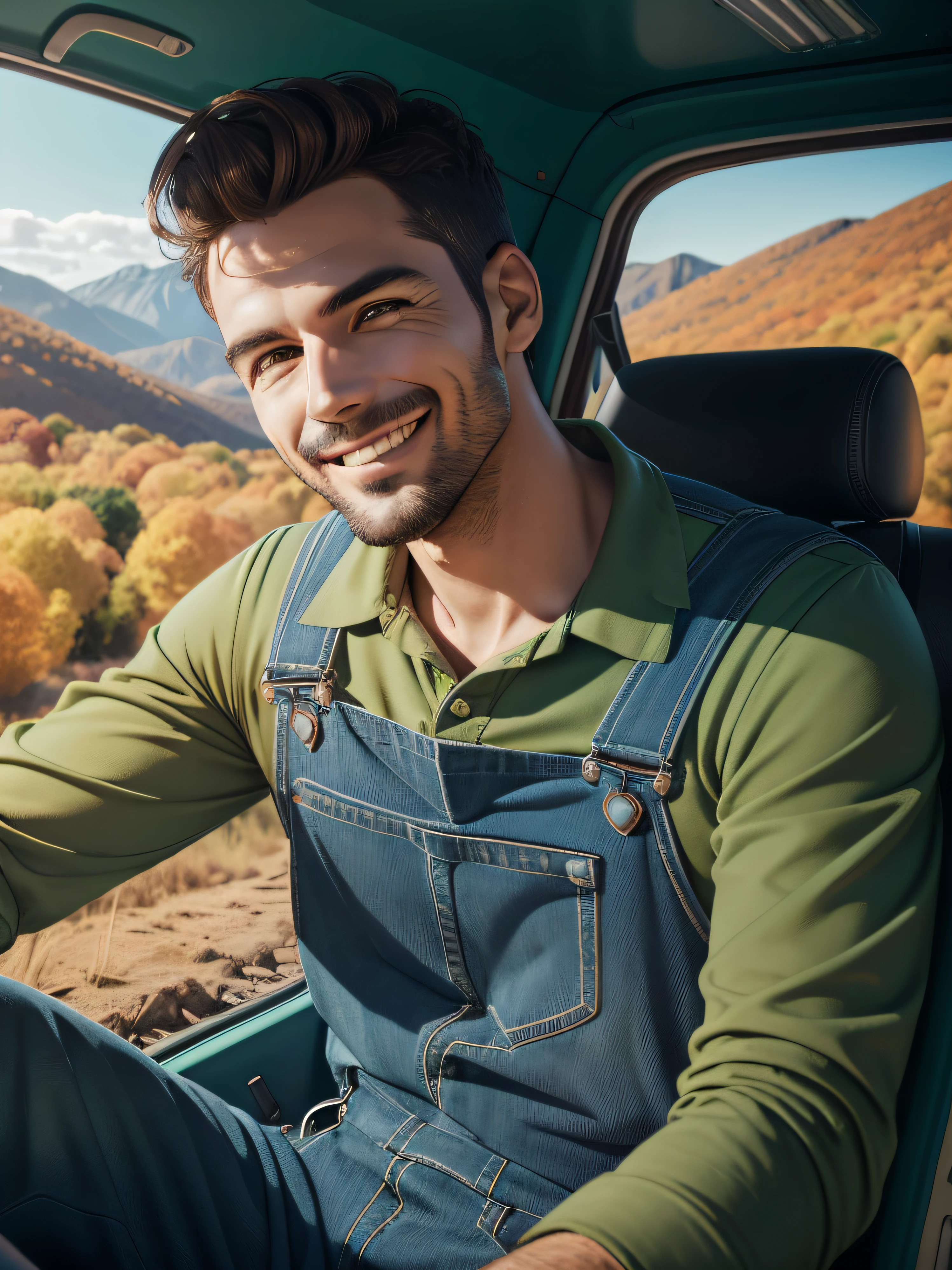 paisagem, qualidade obra prima, Mechanical man smiling in blue overalls and green shirt, autumn afternoon fall scenario, soft, natural lighting, Vehicle background with open vehicle hood smoothly blurred.