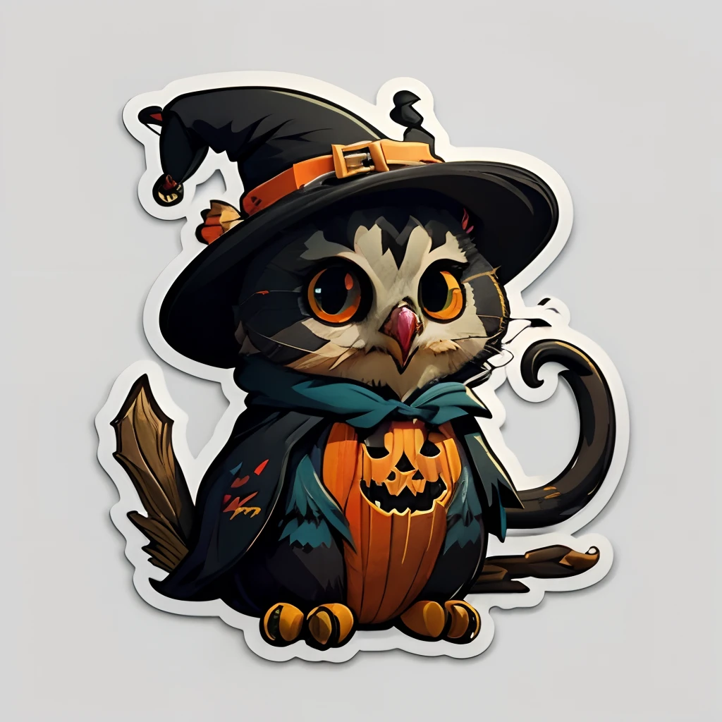 Title: Happy Halloween.Black cat wears a wizard's hat. An owl wears a pumpkin hat.Adorable mixed forest animal clip art. Many expressions, Many gestures, style cartoon, Colors, Flat, vector, Character Design, Tapestry, a sticker, Colorful splashes, Studio Ghibli style, Soft tetrad color, Vector art, Fantasy Art, Watercolor effect, Alfonse Mucha, adobe ilustrator, Digital Painting, low polygon, Soft lighting, Captured from above, Isometric style, retro aesthethic, White background, 8K resolution, Octane Render、Cute cartoon sticker of mountain