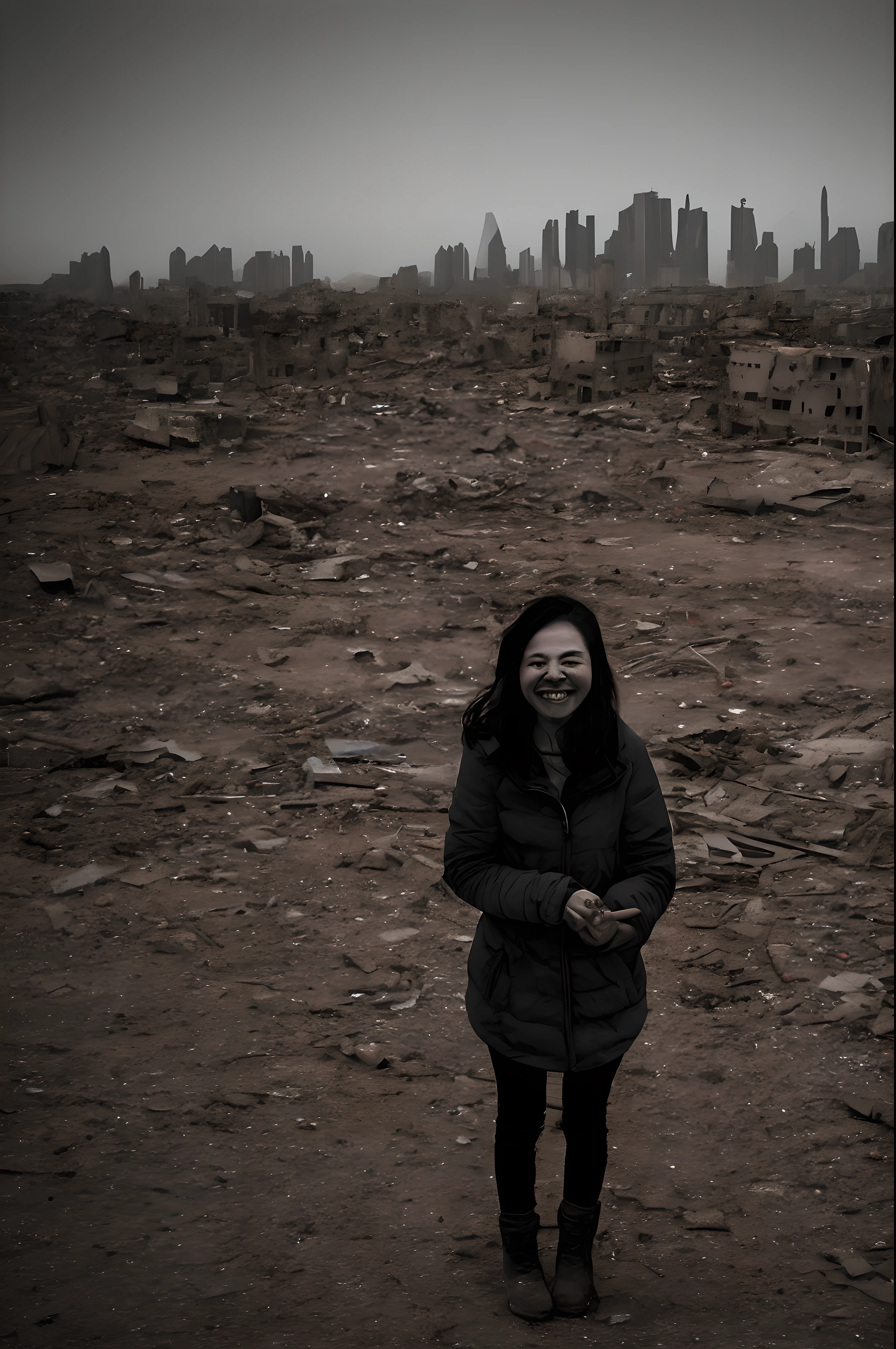 Draw a girl standing in a desolate place。She was holding a knife in one hand with a crazy smile.、I have eyes that look like they've been swallowed up by darkness。Her expression is unusually distorted.、The knife in the hand is stained with blood。Collapsed buildings and a desolate landscape spread out in the background.、There is an eerie silence around。I could feel her presence being drawn to the darkness.、The place is a terrifying sight that sows anxiety and despair.。