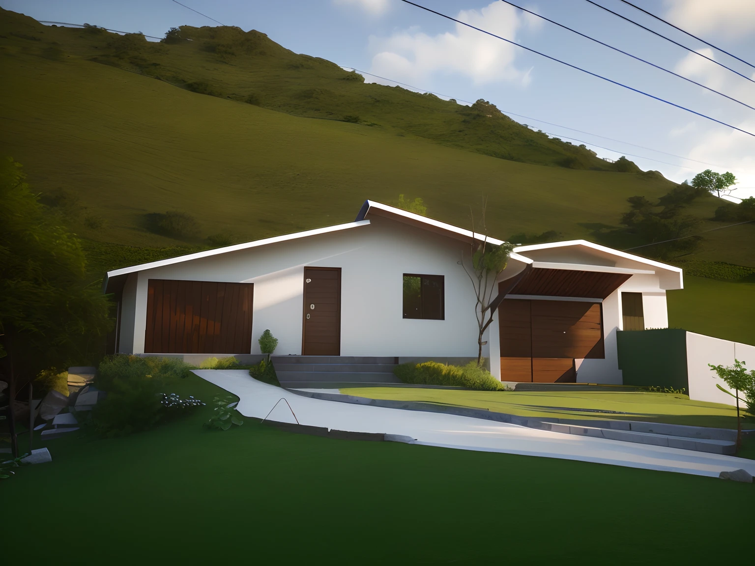 There is a small house with an entrance and a green hill in the background, semi-realistic rendering, realism rendering, photographic render, lumion rendering, renderizar 3 d, highly photographic render, renderizado no lumion pro, finalrender, pre-rendered, professional render, altamente renderizado!!, 3d final render, clean render, photorealistic render, renderizar no vray