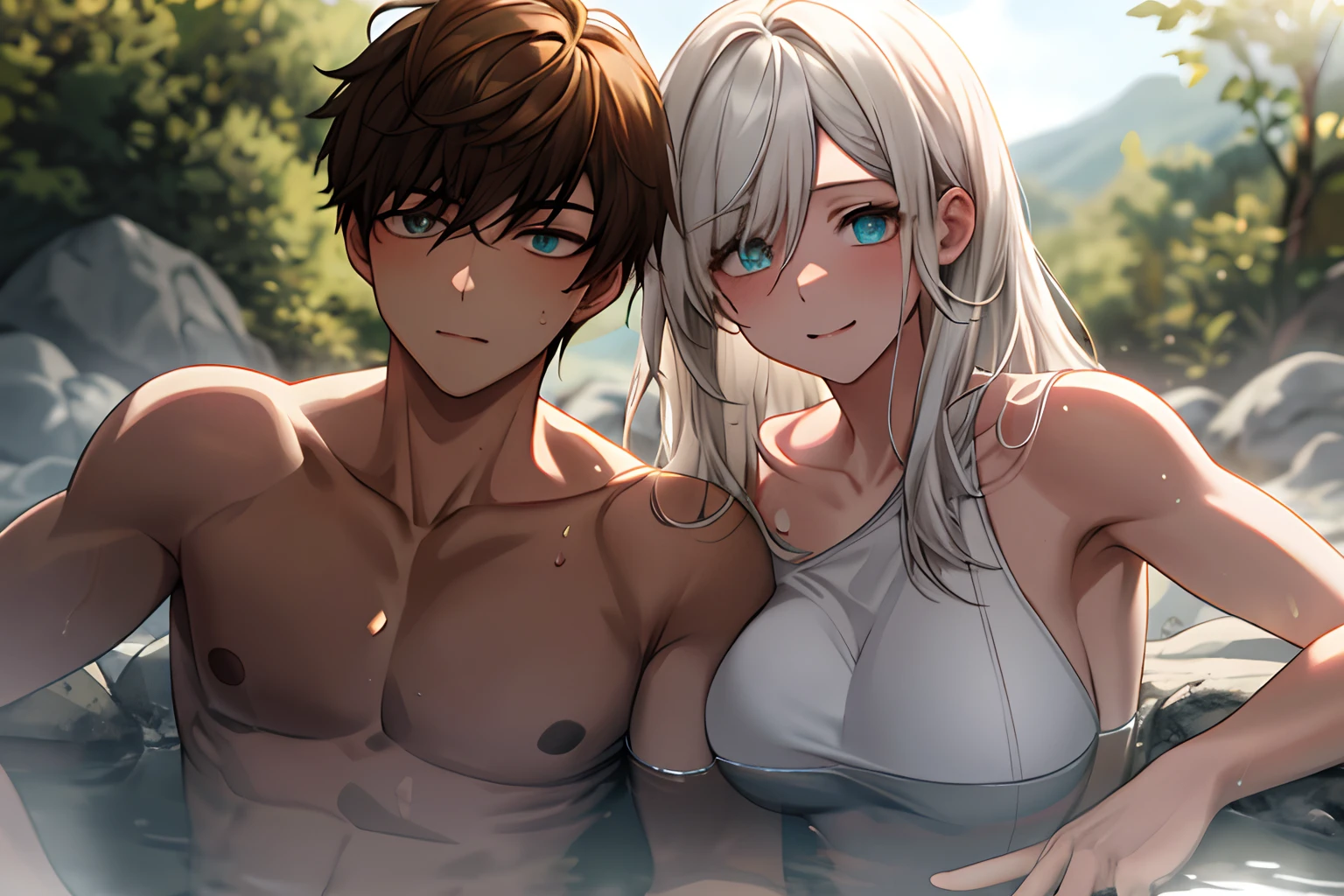A boy and a girl, Naked, completly , The boy has a muscular feeling,Girls with big breasts are dressed revealingly, Handsome, Outdoor, bathing with steam, hot onsen, Onsen, Sweat, view the viewer, Depth of field, Bokeh, Detailed background, Detailed lighting, diffused natural sunlight, diffused natural skin glow, symetrical eyes