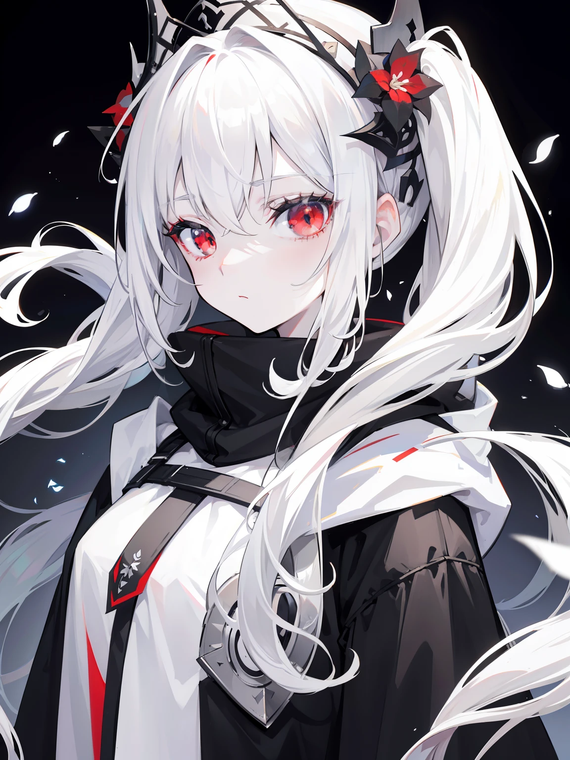 Pale skin, white hair, black hoodie, white flowers, flowers on head, Twintails, Loli, solo,{{best quality}}, {{masterpiece}}, {{ultra-detailed}}, {illustration}, {detailed light}, red eyes,long hair