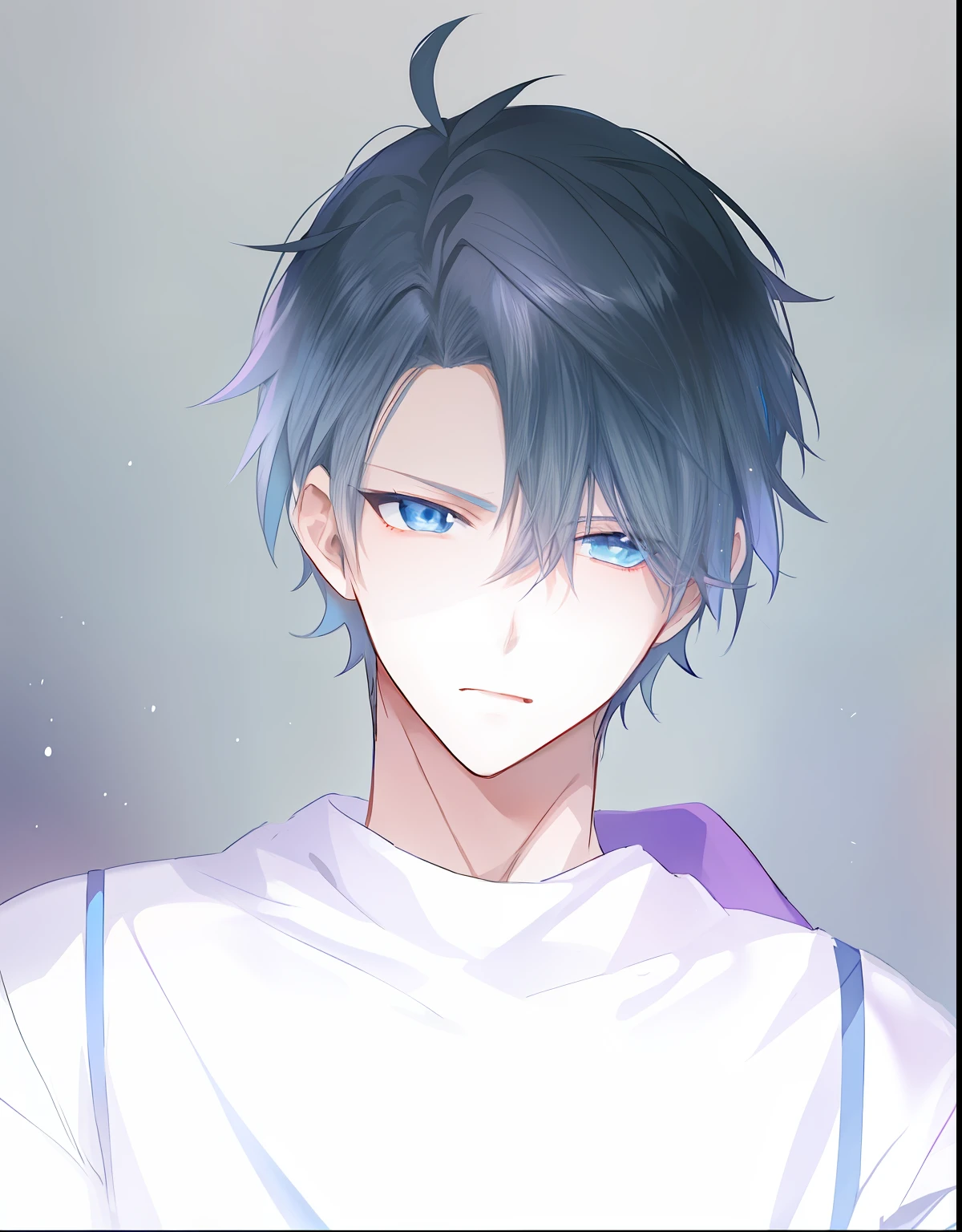 Anime boy with blue eyes and black hair in a black sweatshirt, Tall anime guy with blue eyes, Anime handsome man, Delicate androgynous prince, Anime portrait of a handsome man, Beautiful androgynous prince, young anime man, Anime boy, inspired by Okumura Togyu, Guviz-style artwork, Male watercolor style［［［Gloomy expression］］］