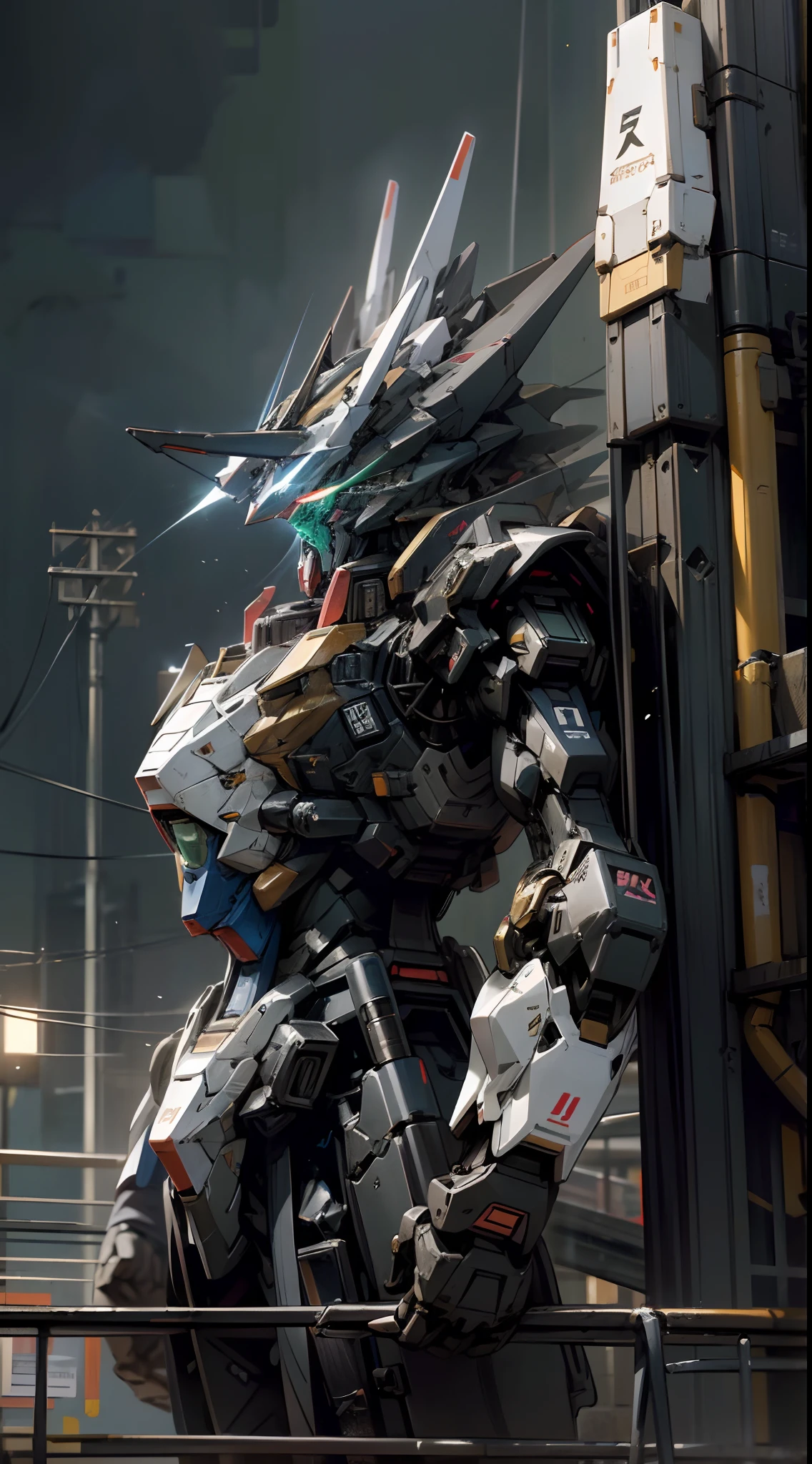 Close-up of robot standing on city platform, anime large mecha robot, modern mecha anime, anime mecha aesthetic, mecha anime, cool mecha style, giant anime mecha, Black color mecha, Mobile Suit, armored core style mecha, Gundam Robot, japanese mecha, gundam style, Giant robots, Mecha warrior，droid， best qualtiy， highly  detailed， ultra - detailed， tmasterpiece， 8k 壁纸， White theme， Green eyes， Bad anatomy， absurderes， A high resolution， super fine illustrations， absurderes， 独奏， Game CG， suzerain，is in night， （rays of black light：1）， （Detailed beautiful face and eyes：1）， command spell， Mecha Musum， Masks， mechanicalparts， robotjoints， full armour