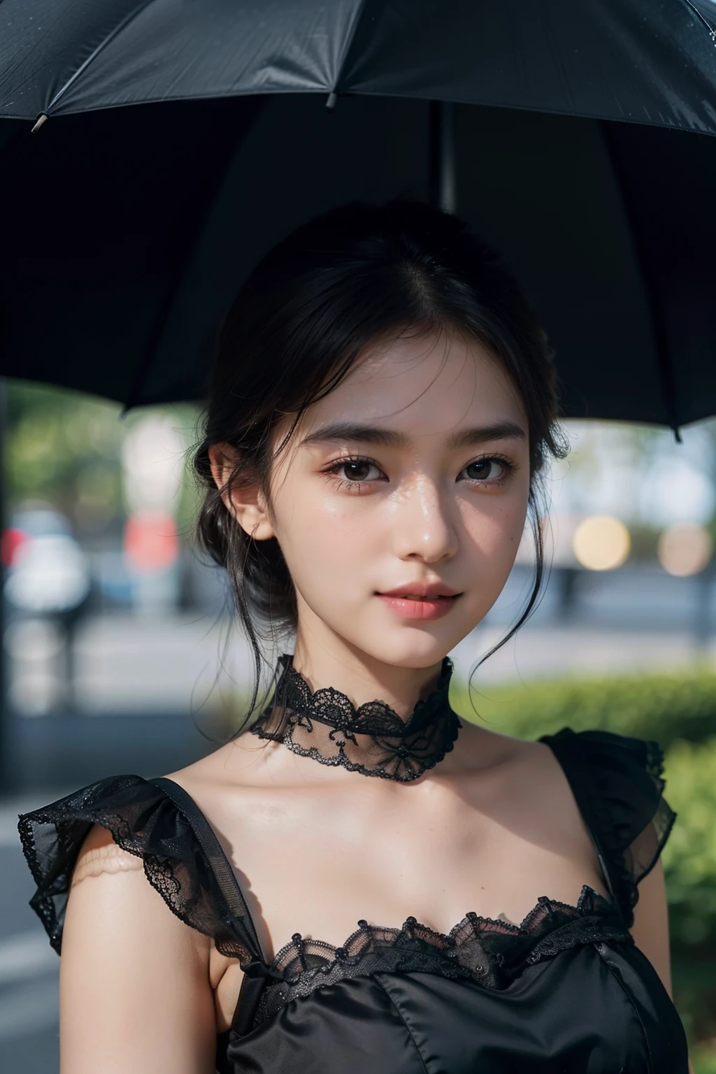 (Best Picture Quality,8k,tmasterpiece),(One guy:1.4), 1girl, Noble Goddess, 18yr old, with short black hair,close-up all over the body, Black Lolita dress, Black lace umbrella,blackstockings, ssmile, Skin details are exquisite, The texture of the fabric is meticulous。
