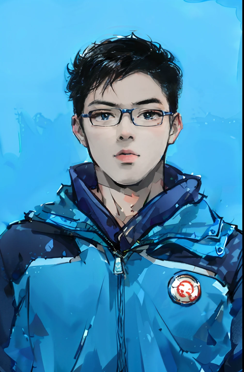 Asian man posing for photo in blue jacket and glasses,