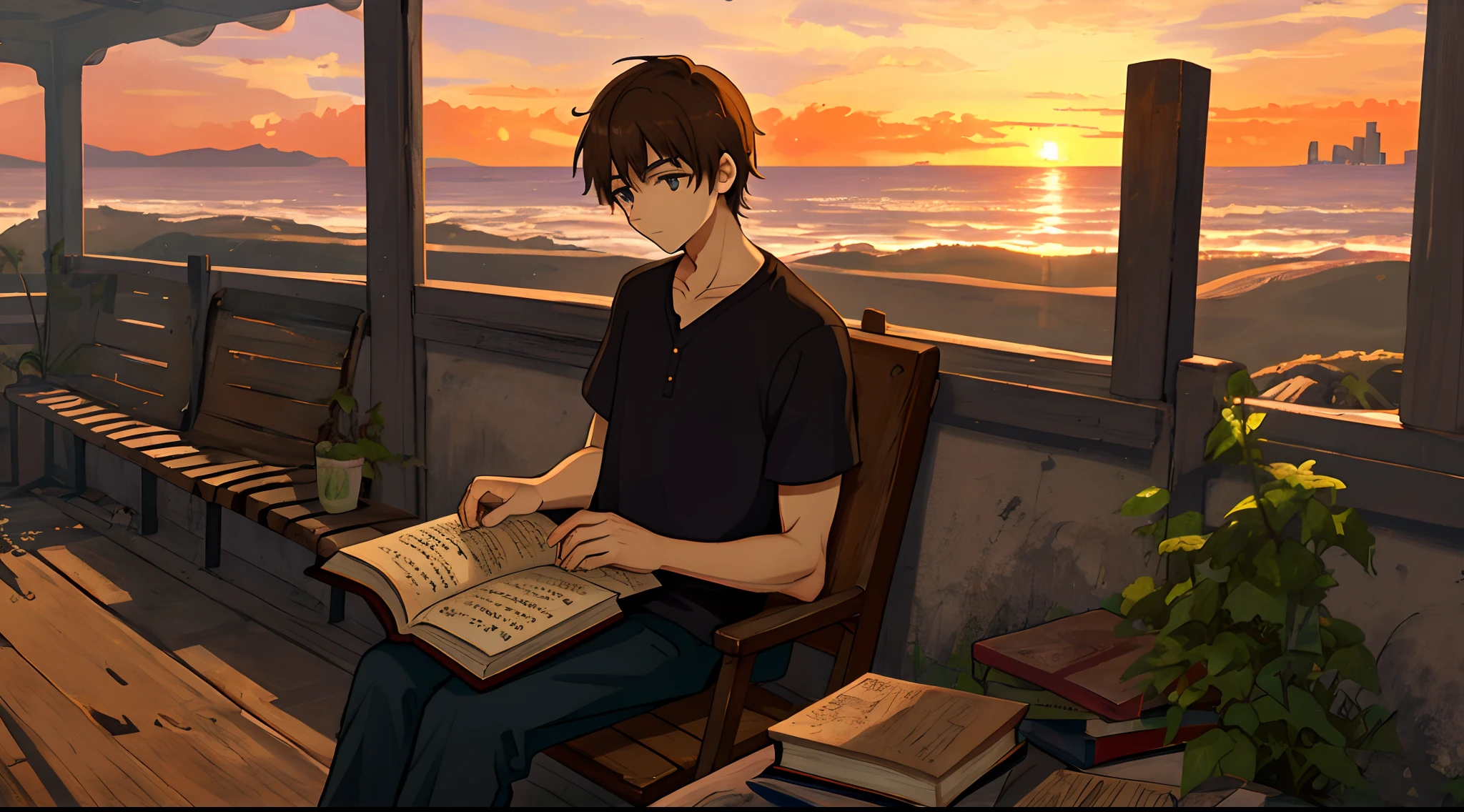 The boy sits in the sunset,Look at the worn-out book in your hand