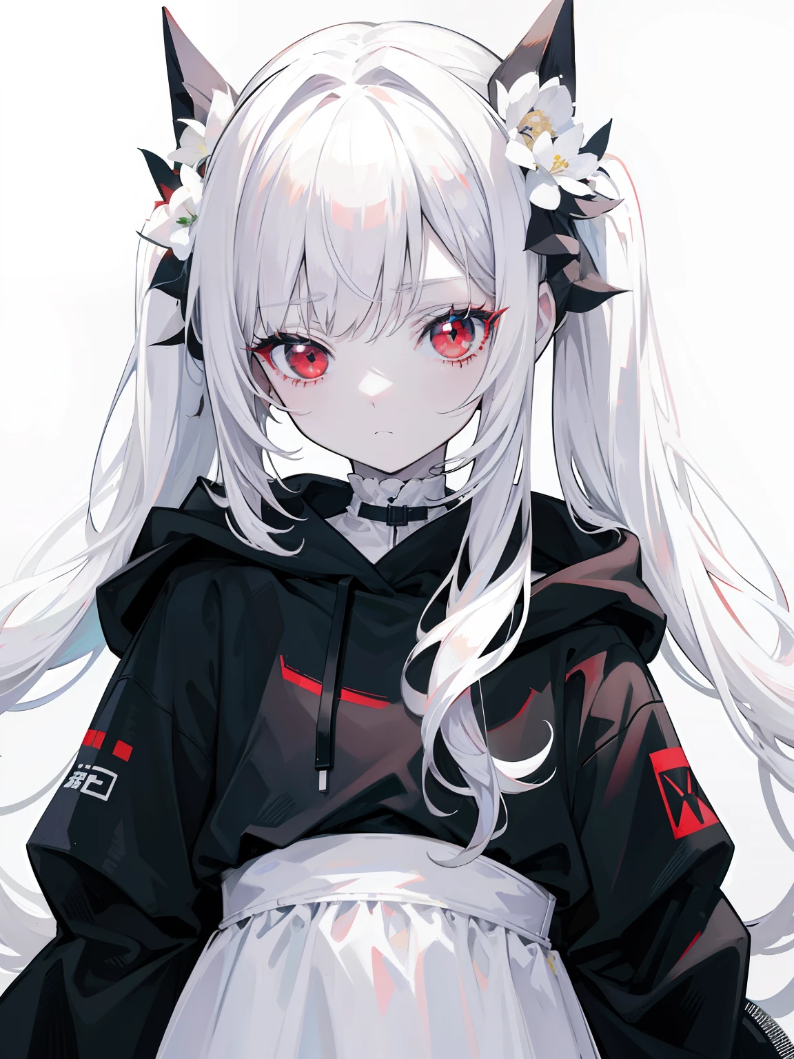 Pale skin, white hair, black hoodie, white flowers, flowers on head, Twintails, Loli, solo,{{best quality}}, {{masterpiece}}, {{ultra-detailed}}, {illustration}, {detailed light}, red eyes,long hair