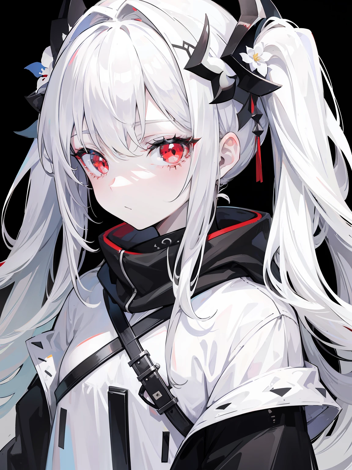 Pale skin, white hair, black hoodie, white flowers, flowers on head, Twintails, , solo,{{best quality}}, {{masterpiece}}, {{ultra-detailed}}, {illustration}, {detailed light}, red eyes,long hair