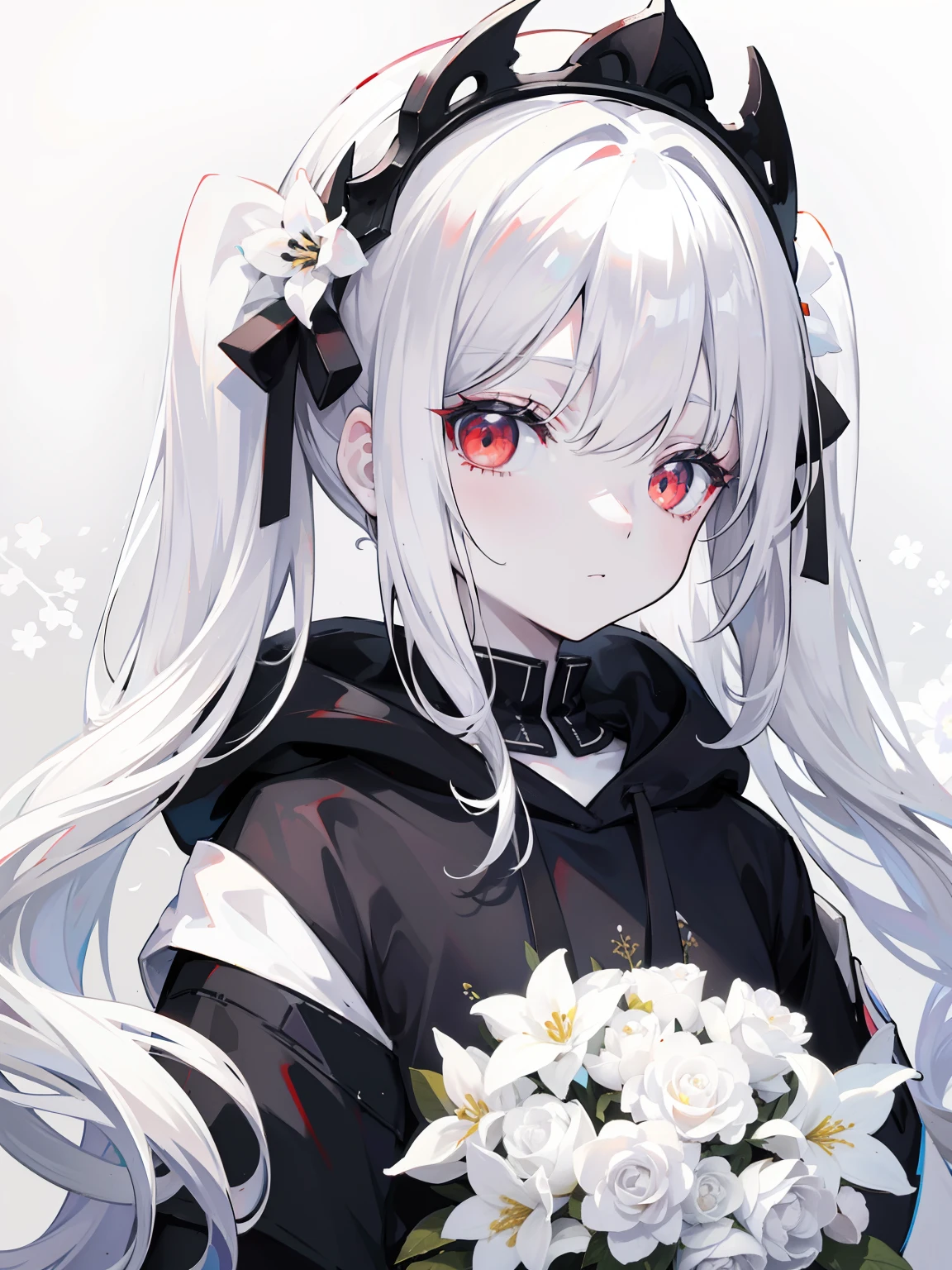 Pale skin, white hair, black hoodie, white flowers, flowers on head, Twintails, Loli, solo,{{best quality}}, {{masterpiece}}, {{ultra-detailed}}, {illustration}, {detailed light}, red eyes,long hair