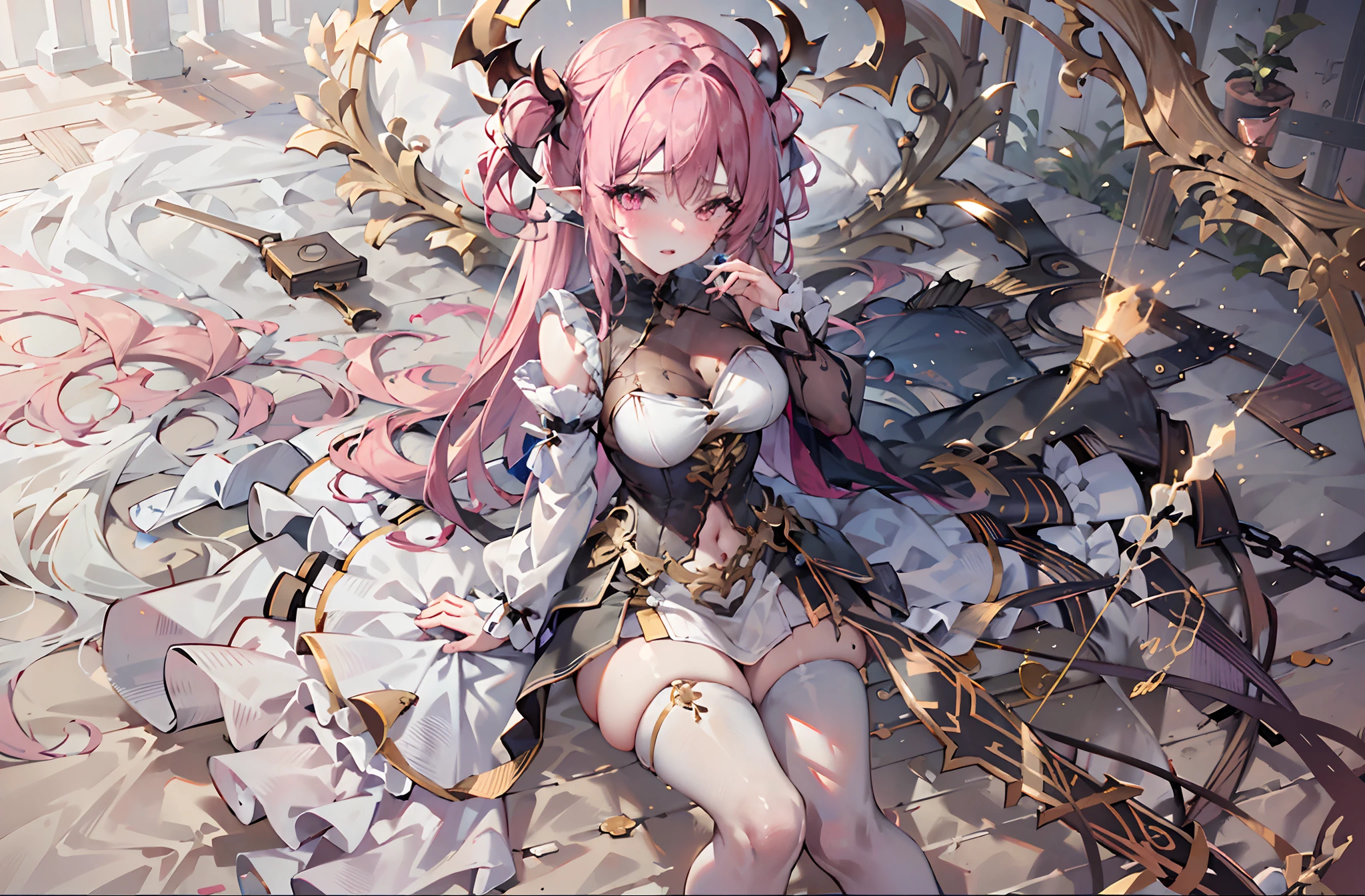 maidennurse,full bodyesbian,Lie down in bed,A pink-haired,Pink eyes,Be red in the face,(Ahhh:1.2),(Night scene,realistic raytraicing,best qualtiy,8K,tmasterpiece:1.3)),Slim beauty:1.4,Stand Abs:1.1,(brown hair,The large:1.2),White suspender stockings,black color dress,Moist Silk Dress:1.5,Super slender face,Complete eye detail)。{{tmasterpiece}}, {{best qualtiy}}, {{super detailing}}, {{illustratio}}, {{messy hair}}, {{tmasterpiece}}, {HighestQuali}, {{super detailing}, {{{illustratio}, beautiful scence,Clear facial features, Hyper-realistic, rendering by octane, high detal, Ultra high quality, A high resolution, trends in art station, ultra-realistic realism, ultra-realistic realism, k hd, 16k, telephoto lenses, mid closeup,Single-sided light source, Split Lighting,sharp linework,Fine portrayal,
