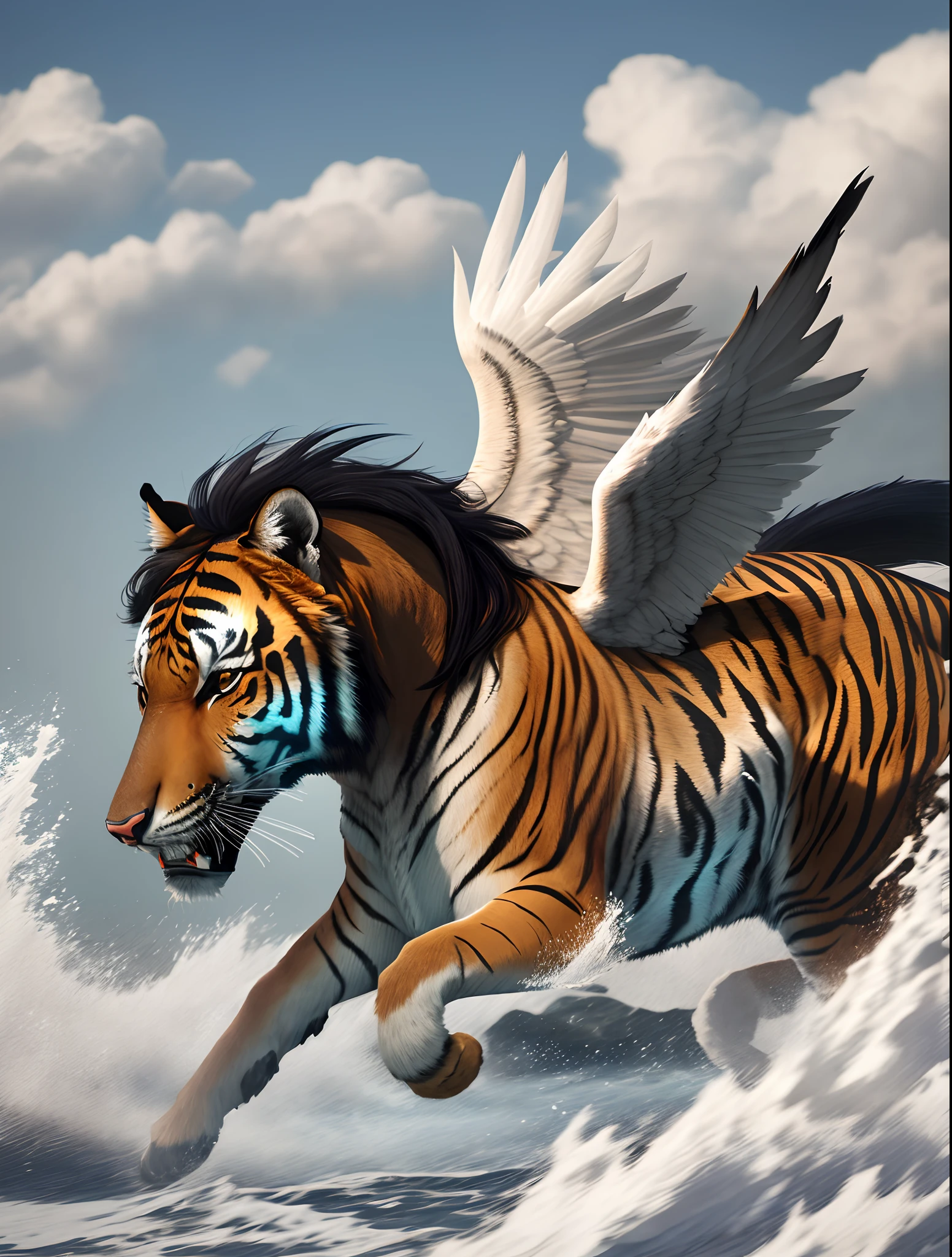 Shark's head，The body of a tiger，Horse legs，Wings of an eagle，Fox's tail，photorealisti