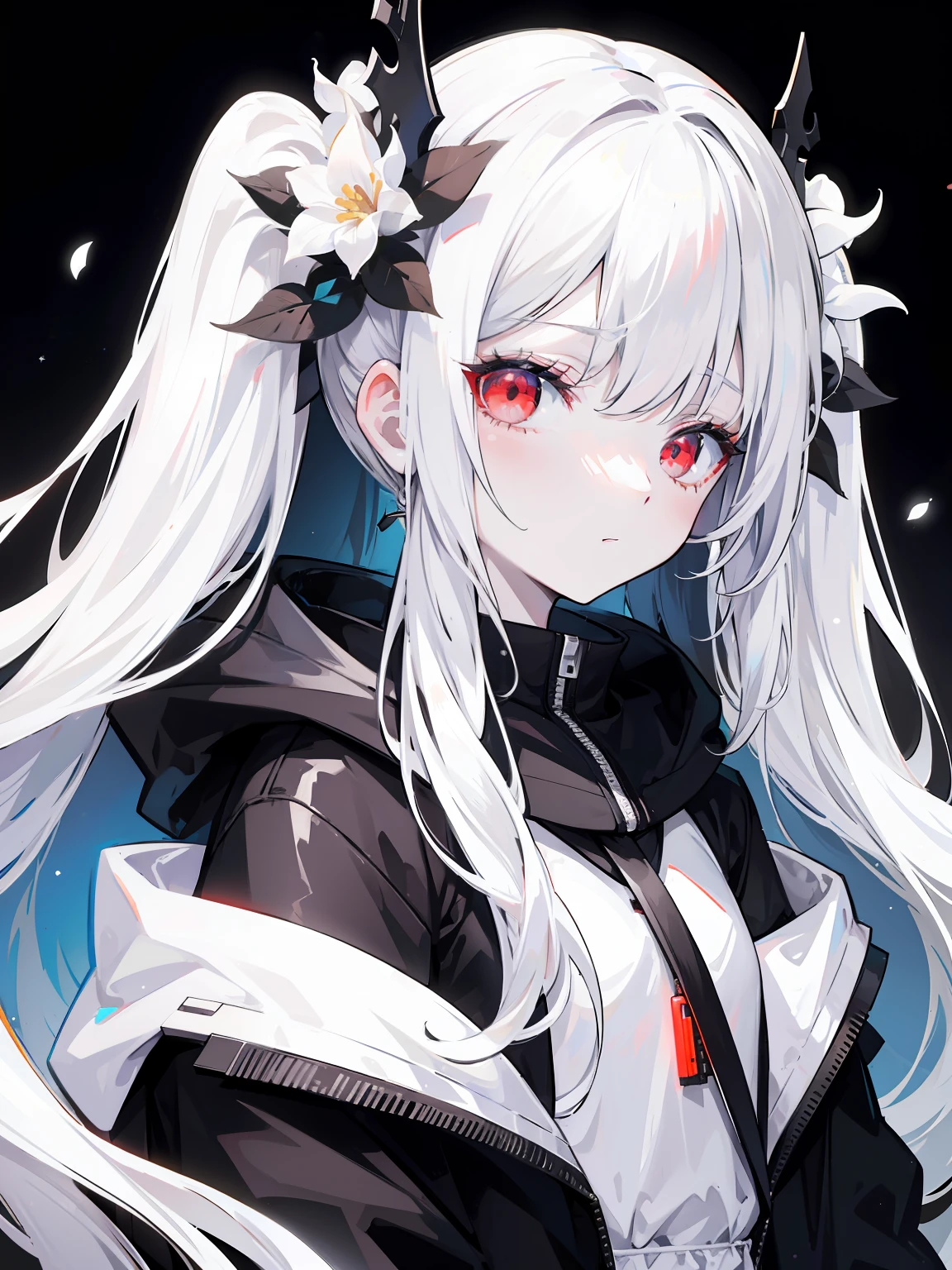 Pale skin, white hair, black hoodie, white flowers, flowers on head, Twintails, Loli, solo,{{best quality}}, {{masterpiece}}, {{ultra-detailed}}, {illustration}, {detailed light}, red eyes,long hair