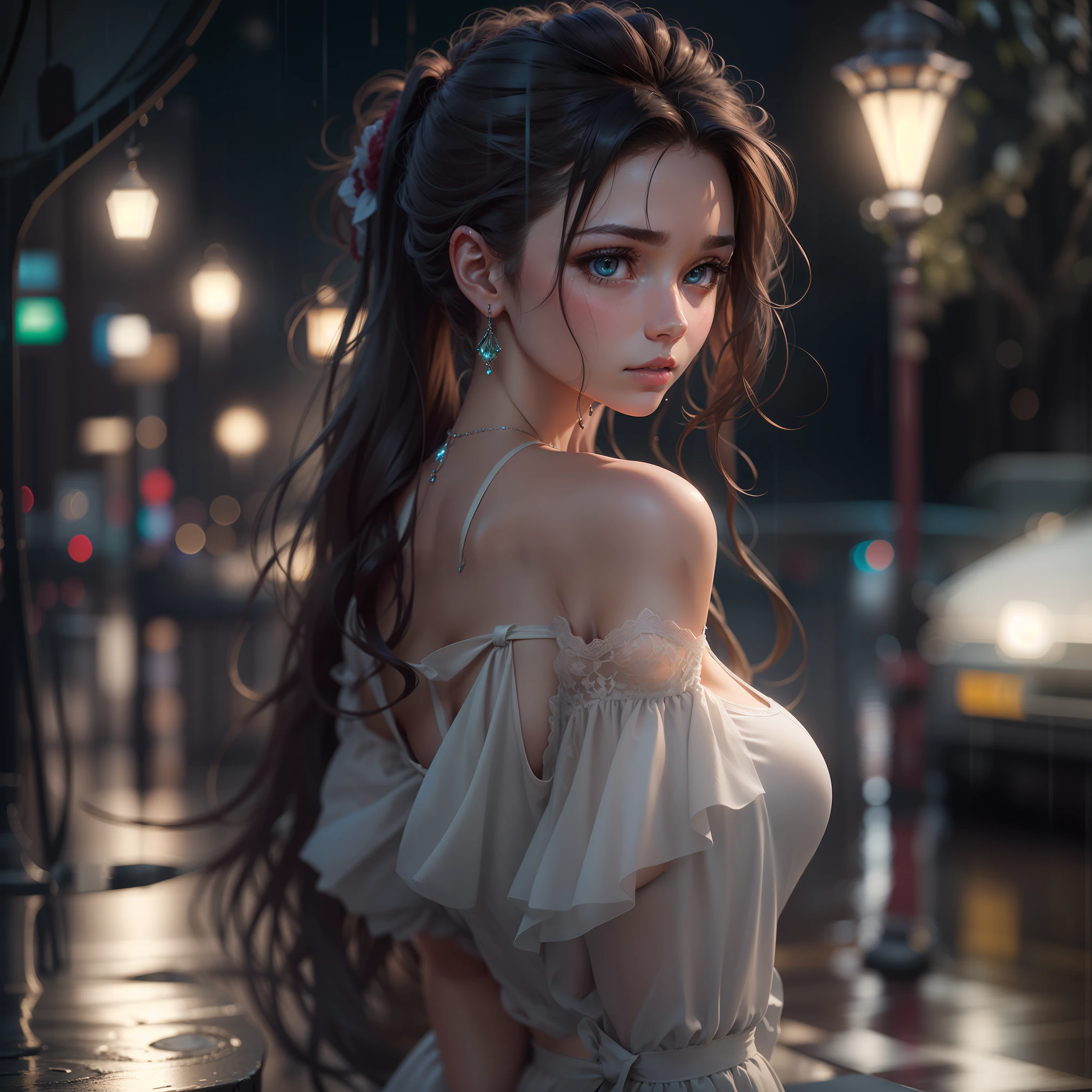 (Standing on a dark street), (street light), (modest lighting), (Night), Random posture, (Very delicate and beautiful work), (masterpiece), 1 girl, Girl in a white dress, Very detailed, Leaky waist, Ponytail distortion, Attractive look, Beautiful clear eyes, Pupil of green eyes, Delicate necklace, Delicate earrings, Fairy ears, Simple blurred background, Extreme detailed description, beautiful, charming, Ultra-fine painting, delicate face, delicate figure, thin collarbone, lovely lips, beautiful breasts, soft back, mix4,(8k, RAW photo, top quality, masterpiece: 1.2), (realistic, photorealistic: 1.37), 1girl, cute, cityscape, night, rain, wet, professional lighting, photon mapping, radiosity, physically based rendering,