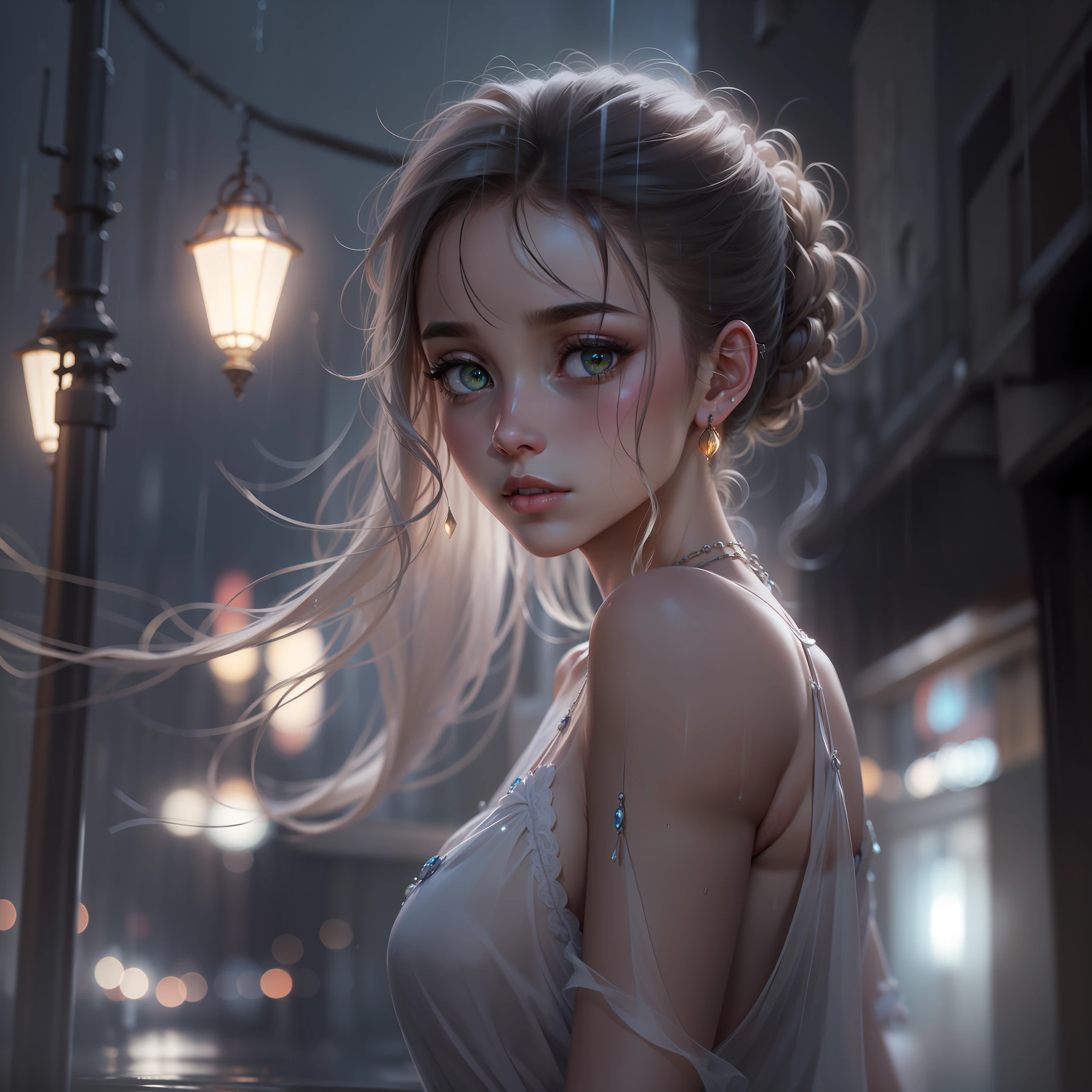 (Standing on a dark street), (street light), (modest lighting), (Night), Random posture, (Very delicate and beautiful work), (masterpiece), 1 girl, Girl in a white dress, Very detailed, Leaky waist, Ponytail distortion, Attractive look, Beautiful clear eyes, Pupil of green eyes, Delicate necklace, Delicate earrings, Fairy ears, Simple blurred background, Extreme detailed description, beautiful, charming, Ultra-fine painting, delicate face, delicate figure, thin collarbone, lovely lips, beautiful breasts, soft back, mix4,(8k, RAW photo, top quality, masterpiece: 1.2), (realistic, photorealistic: 1.37), 1girl, cute, cityscape, night, rain, wet, professional lighting, photon mapping, radiosity, physically based rendering,