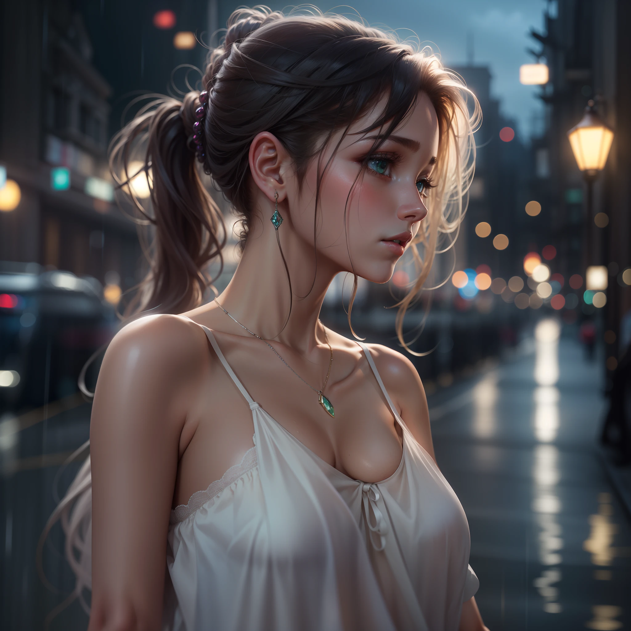 (Standing on a dark street), (street light), (modest lighting), (Night), Random posture, (Very delicate and beautiful work), (masterpiece), 1 girl, Girl in a white dress, Very detailed, Leaky waist, Ponytail distortion, Attractive look, Beautiful clear eyes, Pupil of green eyes, Delicate necklace, Delicate earrings, Fairy ears, Simple blurred background, Extreme detailed description, beautiful, charming, Ultra-fine painting, delicate face, delicate figure, thin collarbone, lovely lips, beautiful breasts, soft back, mix4,(8k, RAW photo, top quality, masterpiece: 1.2), (realistic, photorealistic: 1.37), 1girl, cute, cityscape, night, rain, wet, professional lighting, photon mapping, radiosity, physically based rendering,