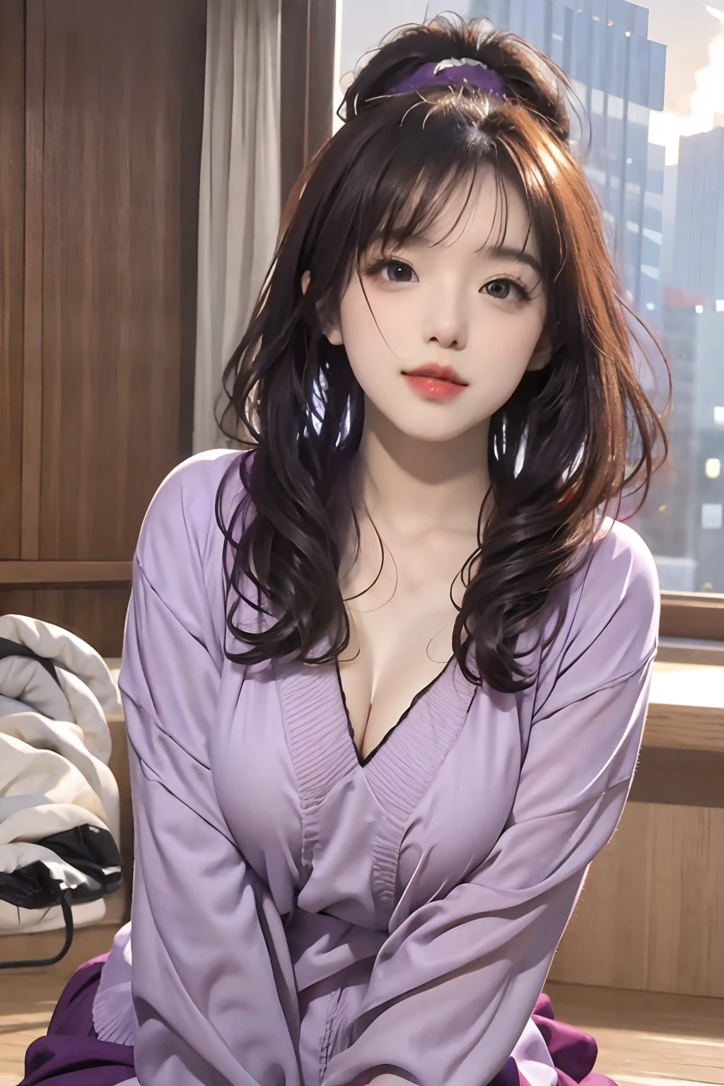(8K, RAW photo, Photorealistic:1.25) ,( Gloss on lips, eyeslashes, gloss face, Glossy glossy skin, best qualtiy, 超高分辨率, depth of fields, color difference, Caustics, Wide light, naturalshadow, Kpop idol)Sitting in the field at dusk，big white legs，European style，Purple clothes，huge tit，Dress revealingly，Chest clothes opening，sliver long hair，Big breasts so big that they pop out of the clothes on the chest