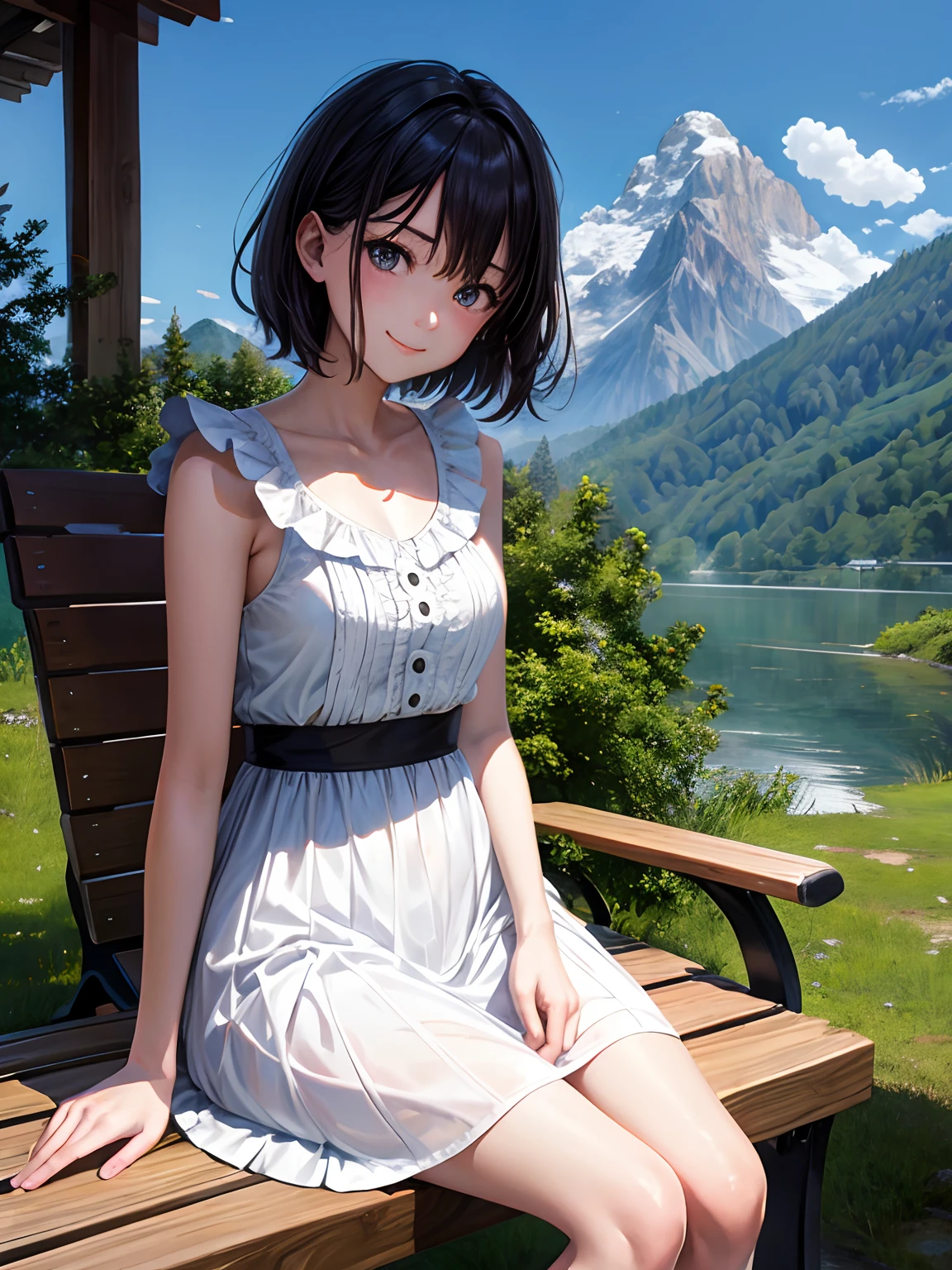 lighting like a movie、top-quality、Slender Line、Girl sitting on a bench、One piece with frills、Mountains of the Alps、a smile、