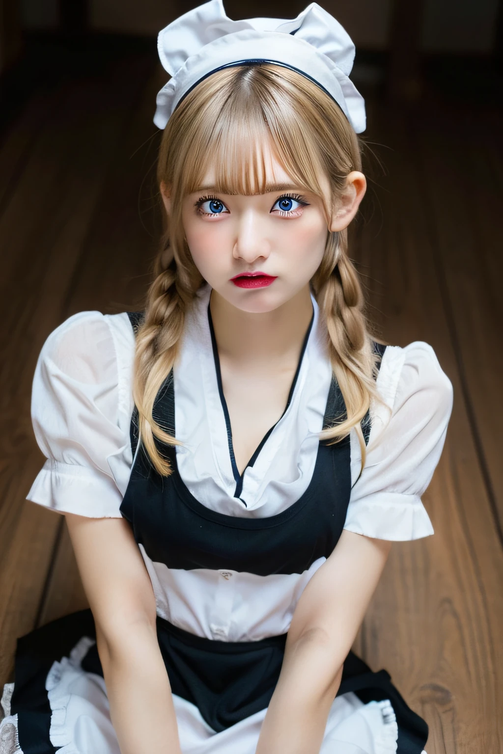 beautiful woman,nsfw,tread on,from below,intricate underwear,panties,maid uniform,maid apron,twin tail,blonde hair,blue eyes,angry,stern expression,indoor,best quality,masterpiece,ultra-detailed