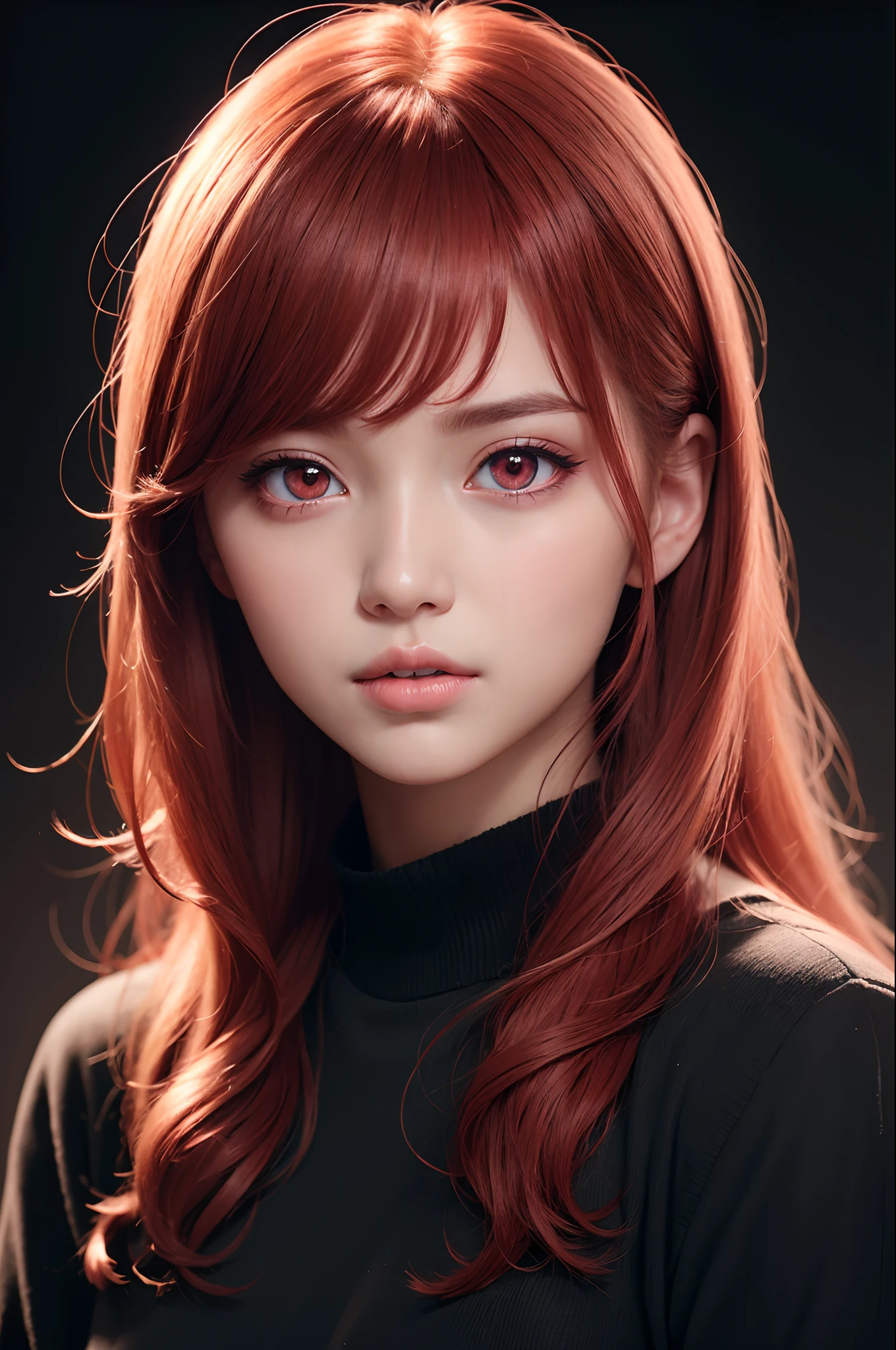 1girll, star eye, Blush, lighting perfect, Red hair, Red eyes, illusory engine, side-lighting, Detailed face, bangs, Bright Skin, Simple background, Dark background,