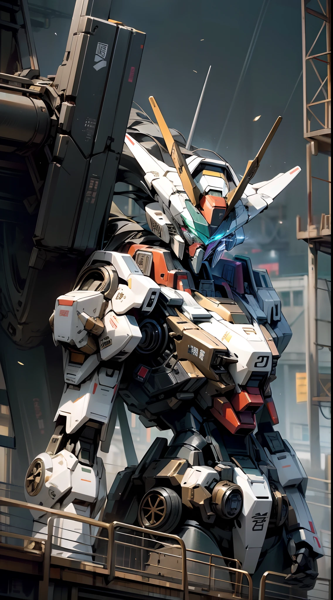 Close-up of robot standing on city platform, anime large mecha robot, modern mecha anime, anime mecha aesthetic, mecha anime, cool mecha style, giant anime mecha, Black color mecha, Mobile Suit, armored core style mecha, Gundam Robot, japanese mecha, gundam style, Giant robots, Mecha warrior,droid, best qualtiy, highly detailed, ultra - detailed, tmasterpiece, 8k 壁纸, White theme, Green eyes, Bad anatomy, absurderes, A high resolution, super fine illustrations, absurderes, 独奏, Game CG, suzerain,is in night, (rays of black light:1), (Detailed beautiful face and eyes:1), command spell, Mecha Musum, Masks, mechanicalparts, robotjoints, full armour