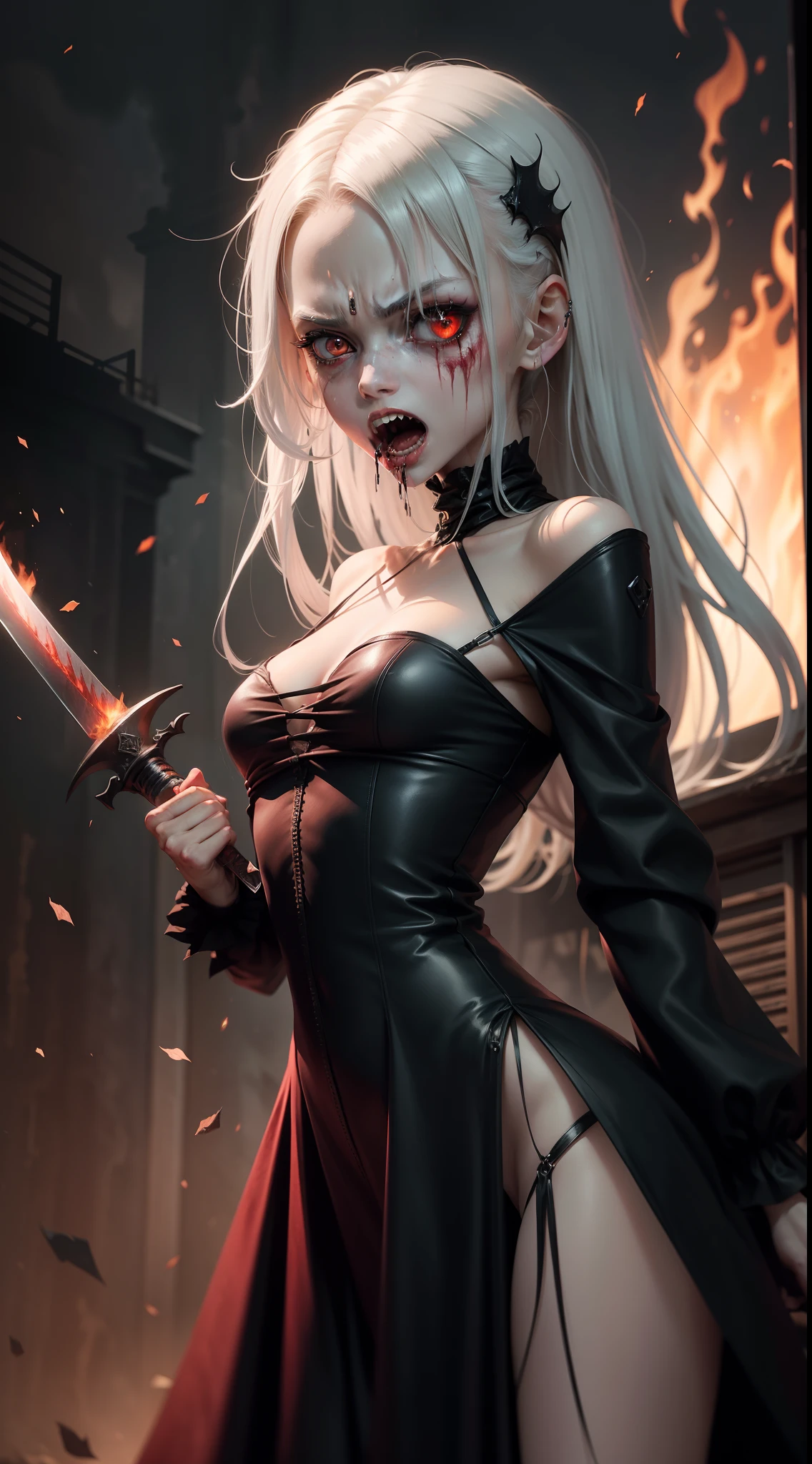 A very pal young girl humanoid character, with red eyes, her name is Cassie, she is crazy, nuts, with cuts and scraps, horror, she is creepy, she is scary, shock value, very evil, ill, she is skinny, evoke, fear, terror, dread, decay, disgust, she is a Psycho, dark, unattractively, unusually thin, thin, scraggly, emaciated, twisted, frightening, sick, dark background, long black_dress, gore, blood, solo, close up, (messy_long_white_hair), fog, evil eyes, she is flat, eyes glowing, dress fully covers her, she's nut, yelling, she's mad, she's furious, she's screaming out loud, showing teeth, mouth open wide, yelling at the camera, fire in the background, rage, sharp teeth, bloody mouth, vampire like, she is holding a (sword)