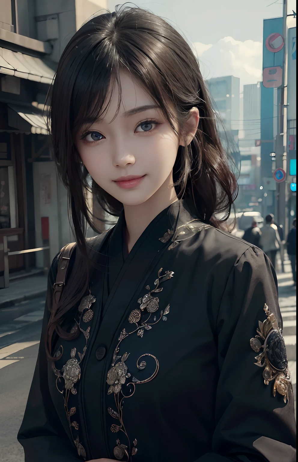 Masterpiece, 1 Beautiful Girl, Detailed, Swollen Eyes, Best Quality, Ultra High Resolution, (Reality: 1.4), Original Photo, 1Girl, Cinematic Lighting, Smiling, Japanese, Asian Beauty, Korean, Neat, Very Beautiful, Slightly Young Face, Beautiful Skin, Slender, Cyberpunk Background, (ultra realistic), (illustration), (high resolution), (8K), (very detailed), (best illustration), (beautifully detailed eyes), (super detailed), (wallpaper), (detailed face), viewer looking, fine details, detailed face, deep shadow, low key, pureerosfaceace_v1, smile, 46 point slanted bangs, facing straight ahead, neat clothes, black colored eyes,