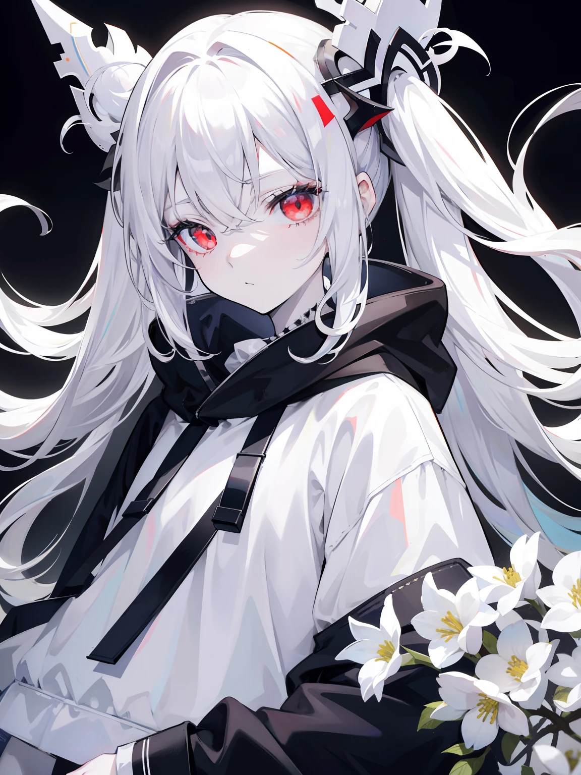 Pale skin, white hair, black hoodie, white flowers, flowers on head, Twintails, Loli, solo,{{best quality}}, {{masterpiece}}, {{ultra-detailed}}, {illustration}, {detailed light}, red eyes,long hair,shorts